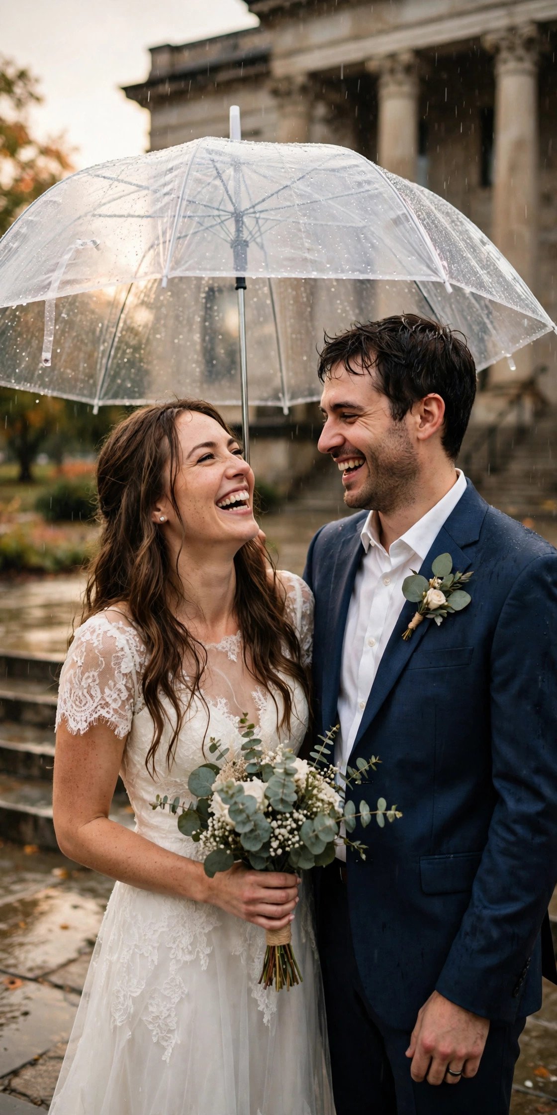Couple under a clear umbrella laughing in the rain outside a courthouse