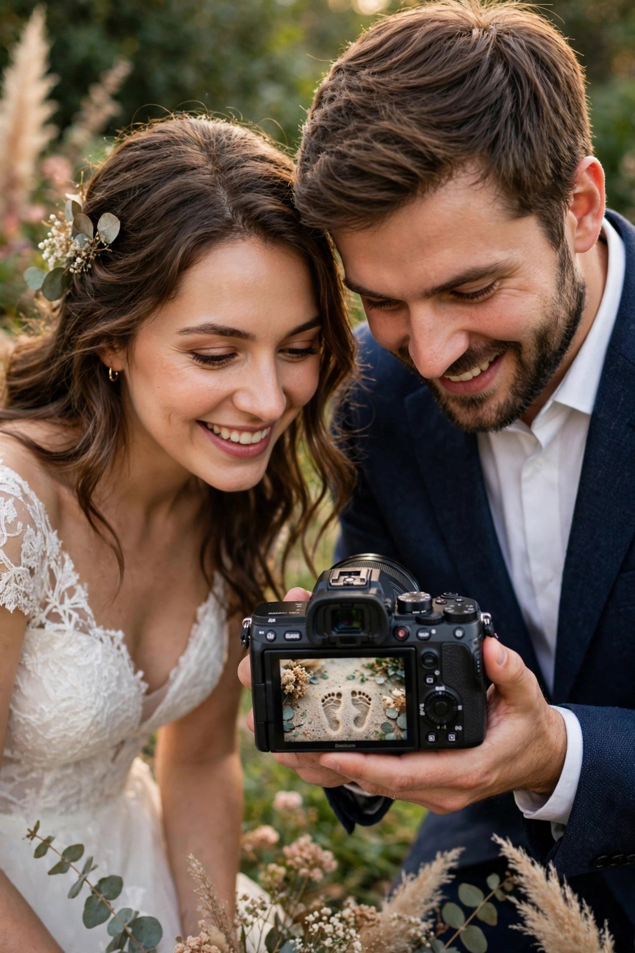 Couple reviewing a joyful steps photo on a camera screen for their announcement