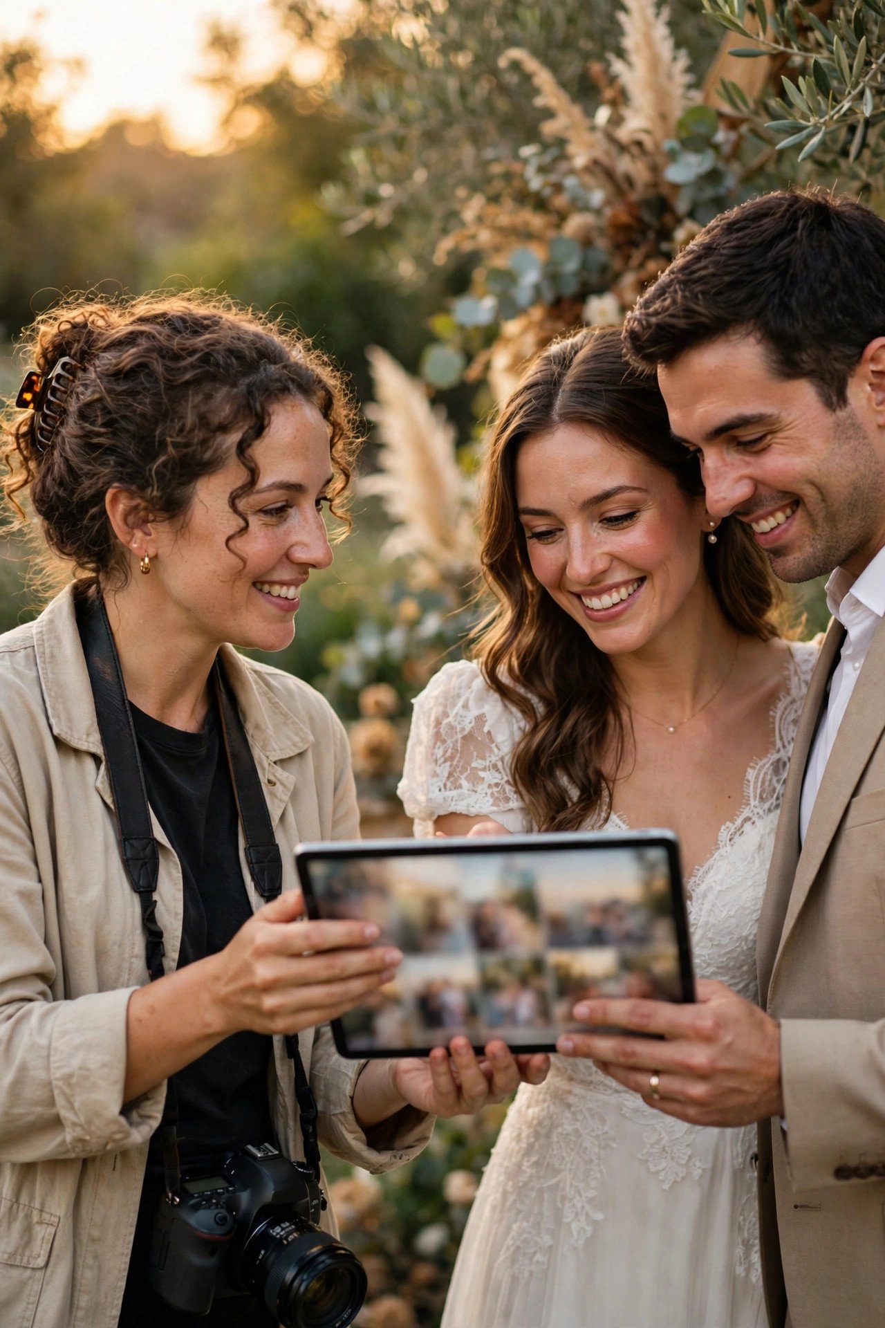 Photographer showing edited previews on a tablet to a happy couple