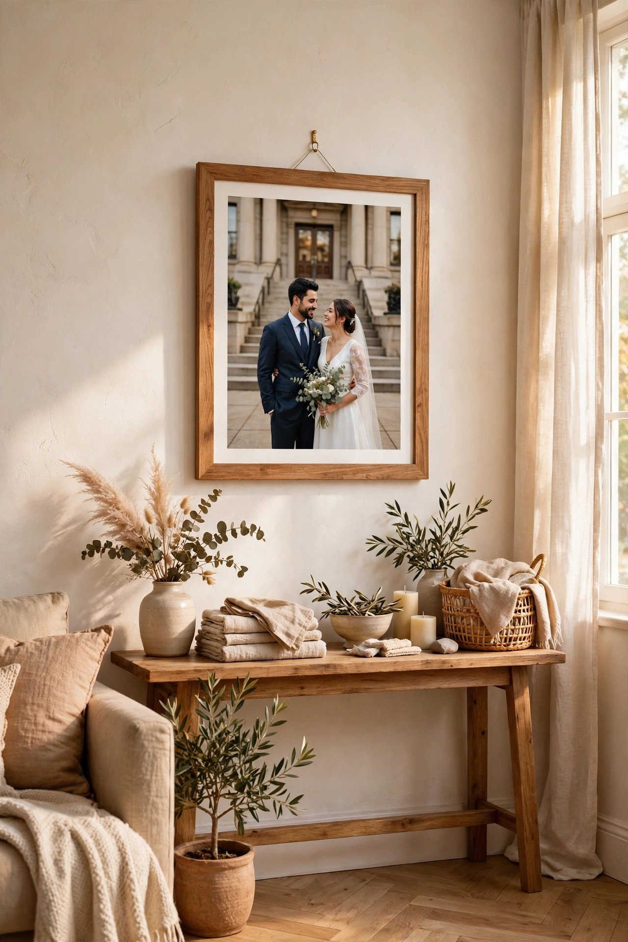 Framed courthouse wedding portrait hanging in a bright living room