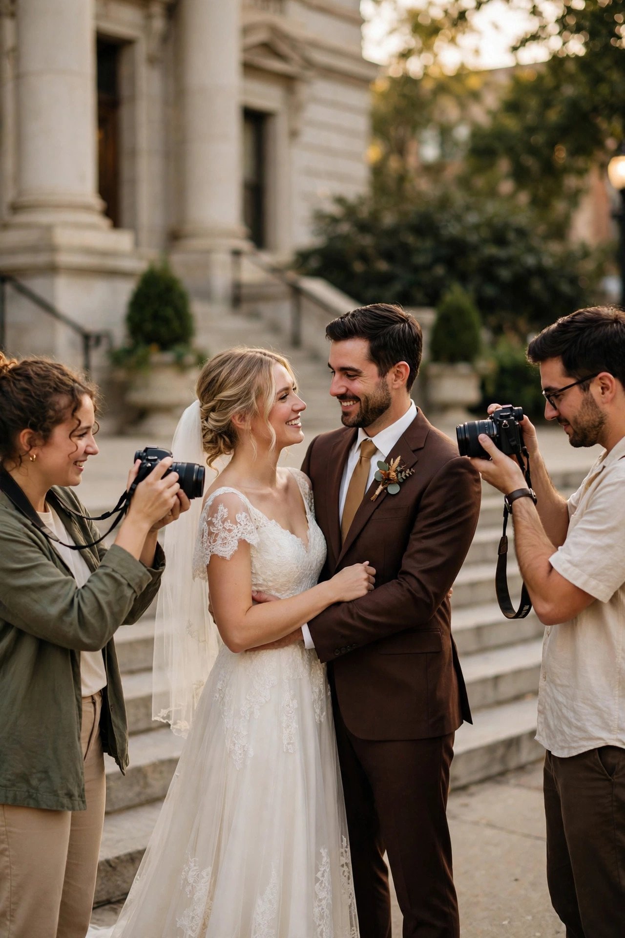 Two friends with cameras photographing a couple outside a courthouse