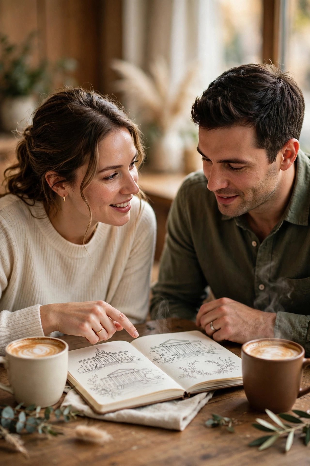 Couple talking over coffee with a notebook sketching their courthouse wedding day