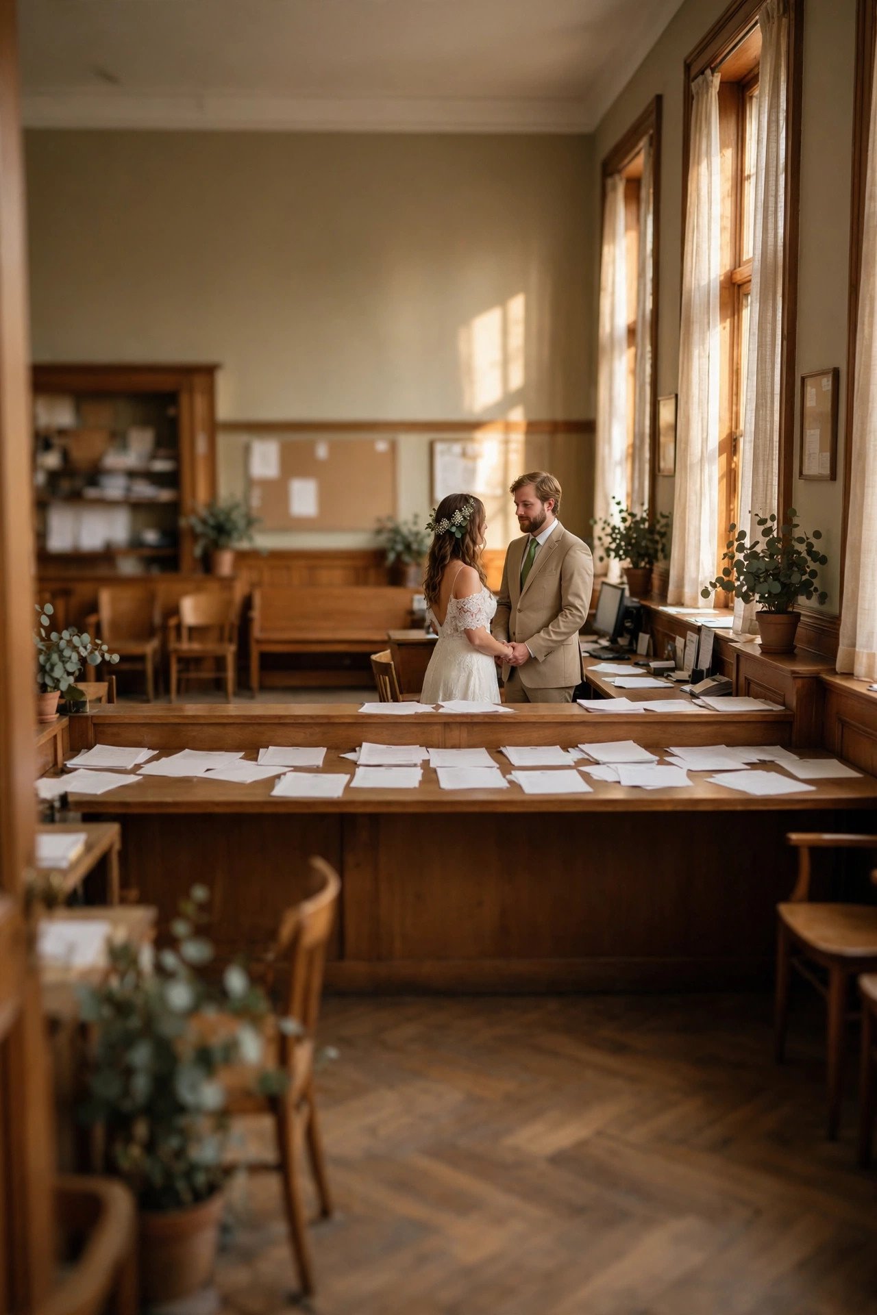 Couple completing marriage license paperwork at a clerk's office counter