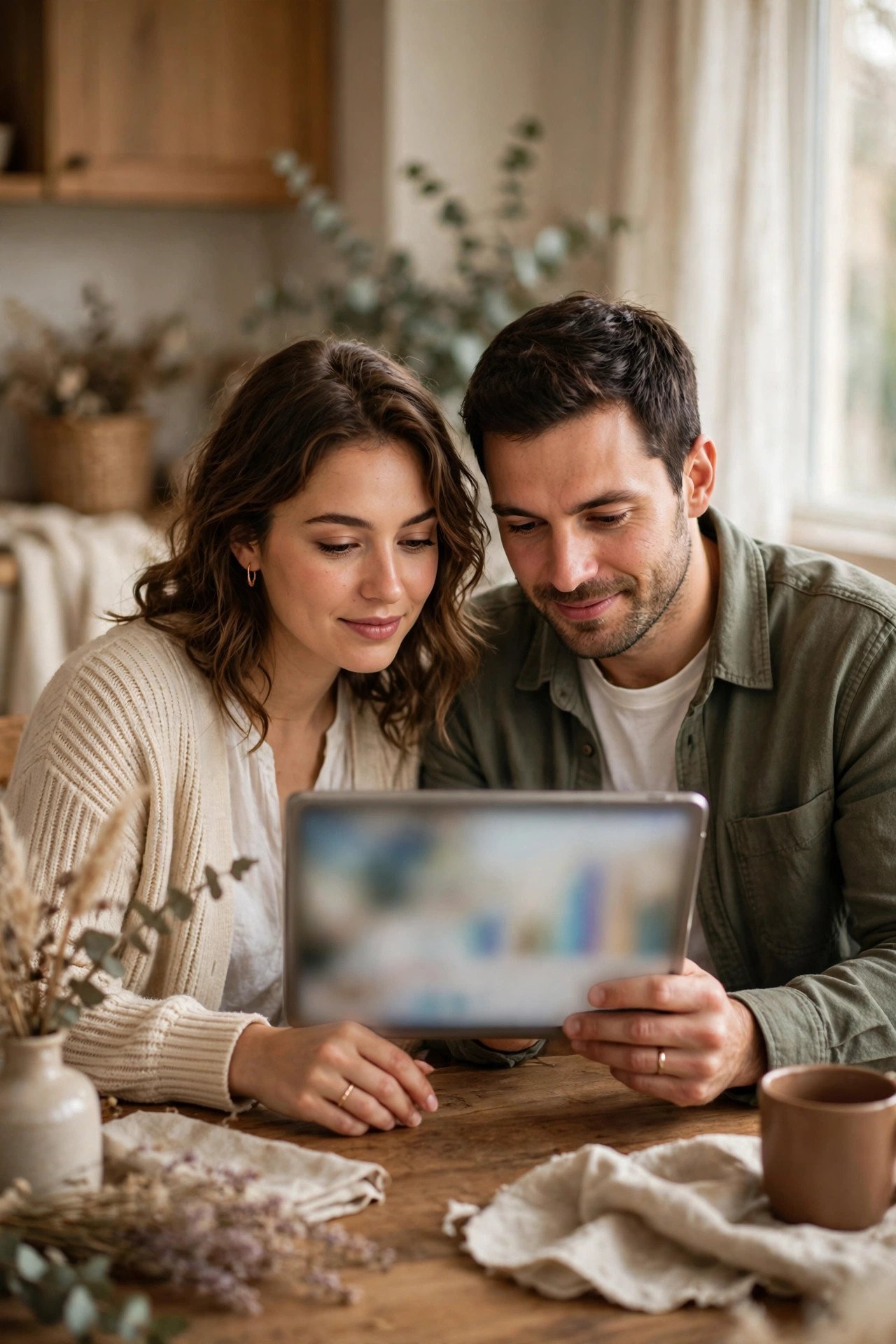 Couple reviewing a simple wedding budget on a tablet at home