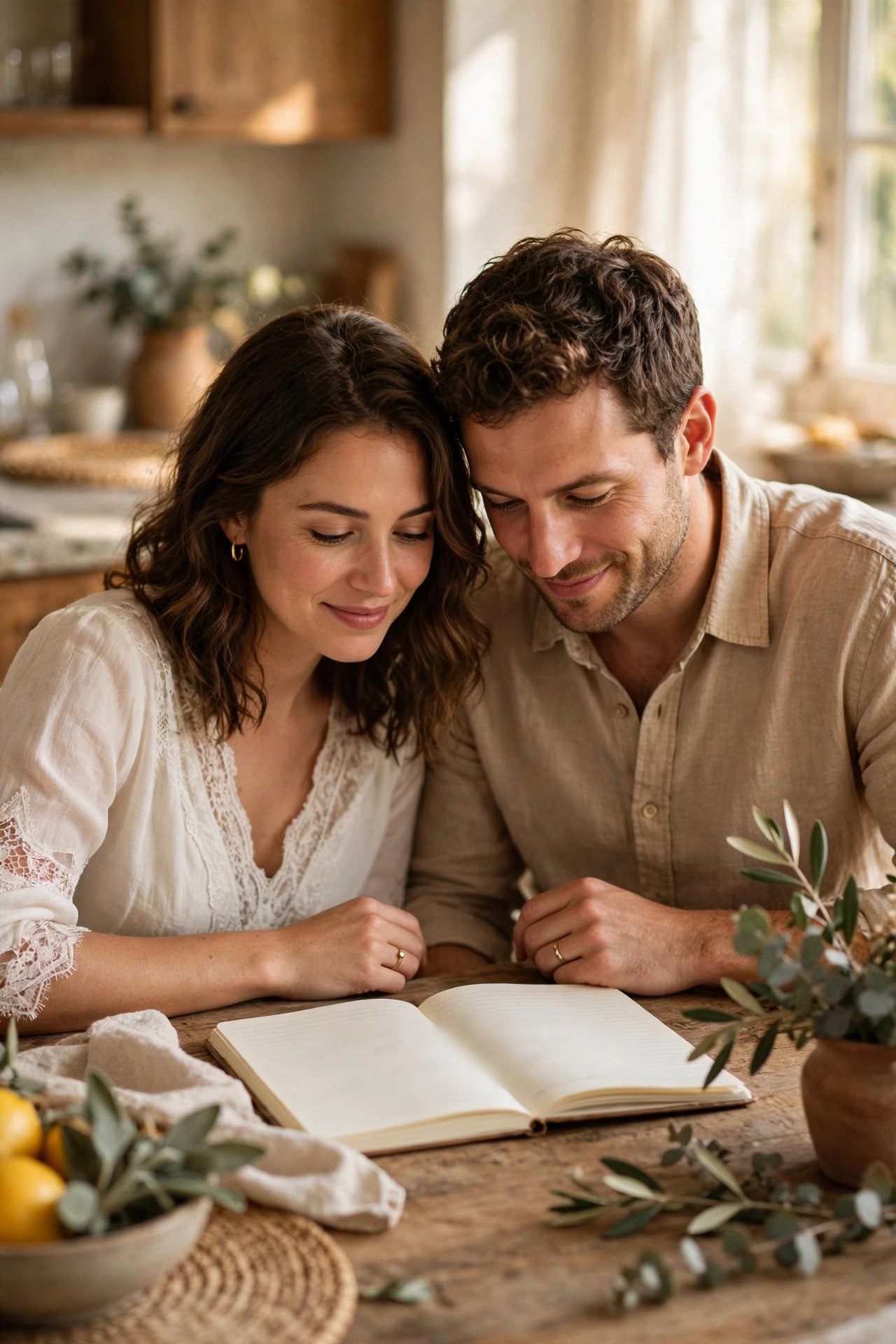 Couple writing a short guest list in a notebook at a kitchen table