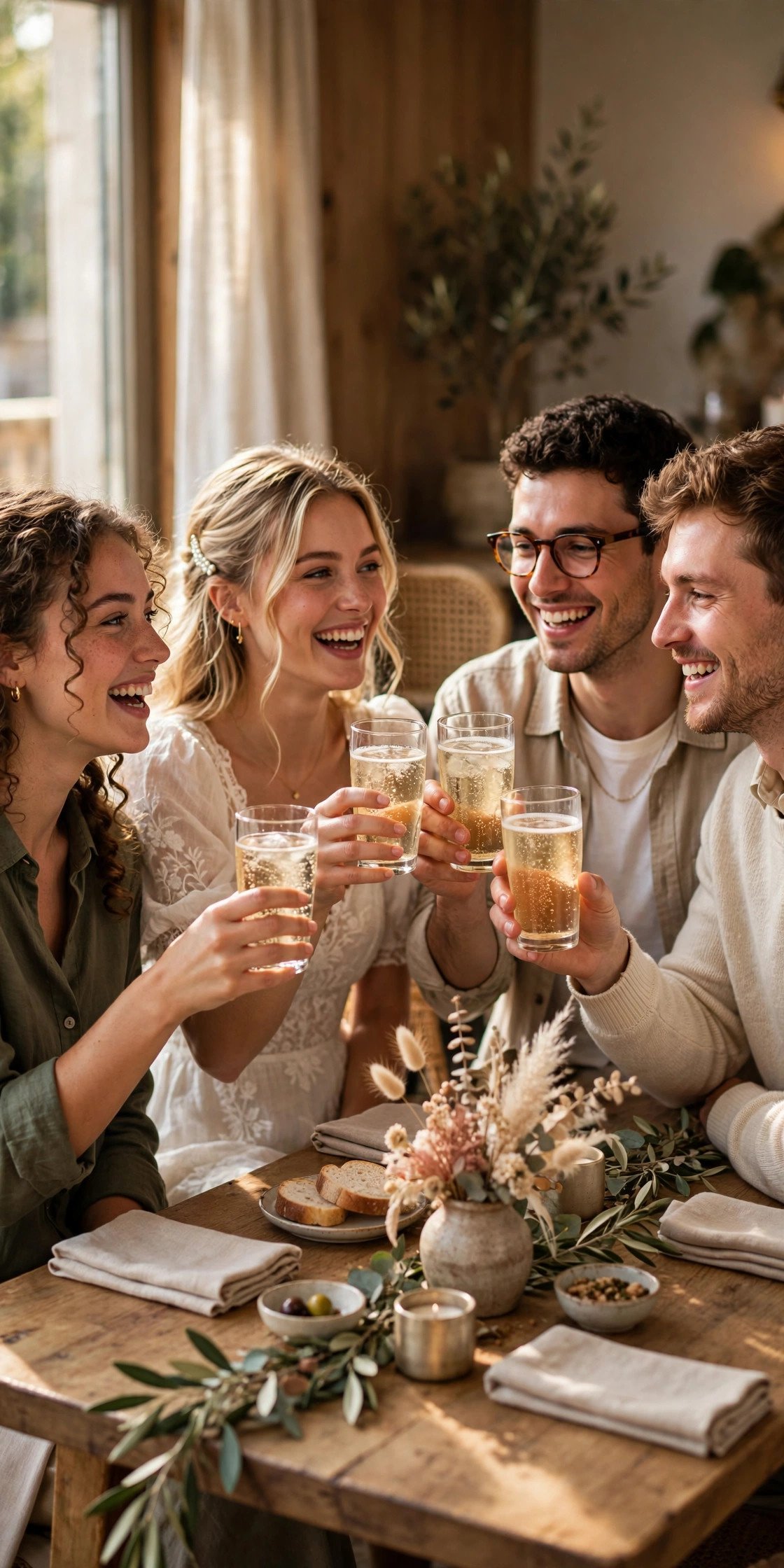 Friends raising sparkling cider glasses at a small restaurant celebration table