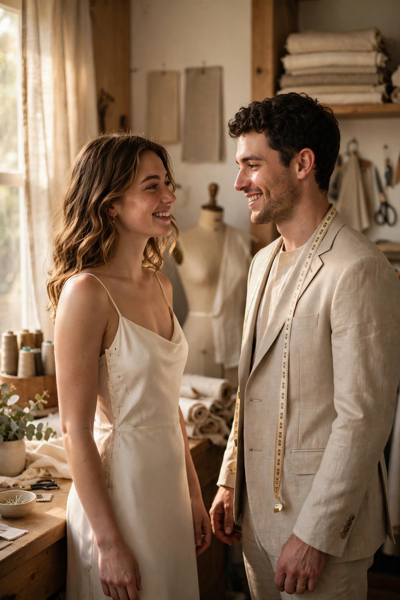 Couple at a tailor's fitting for their courthouse wedding outfits