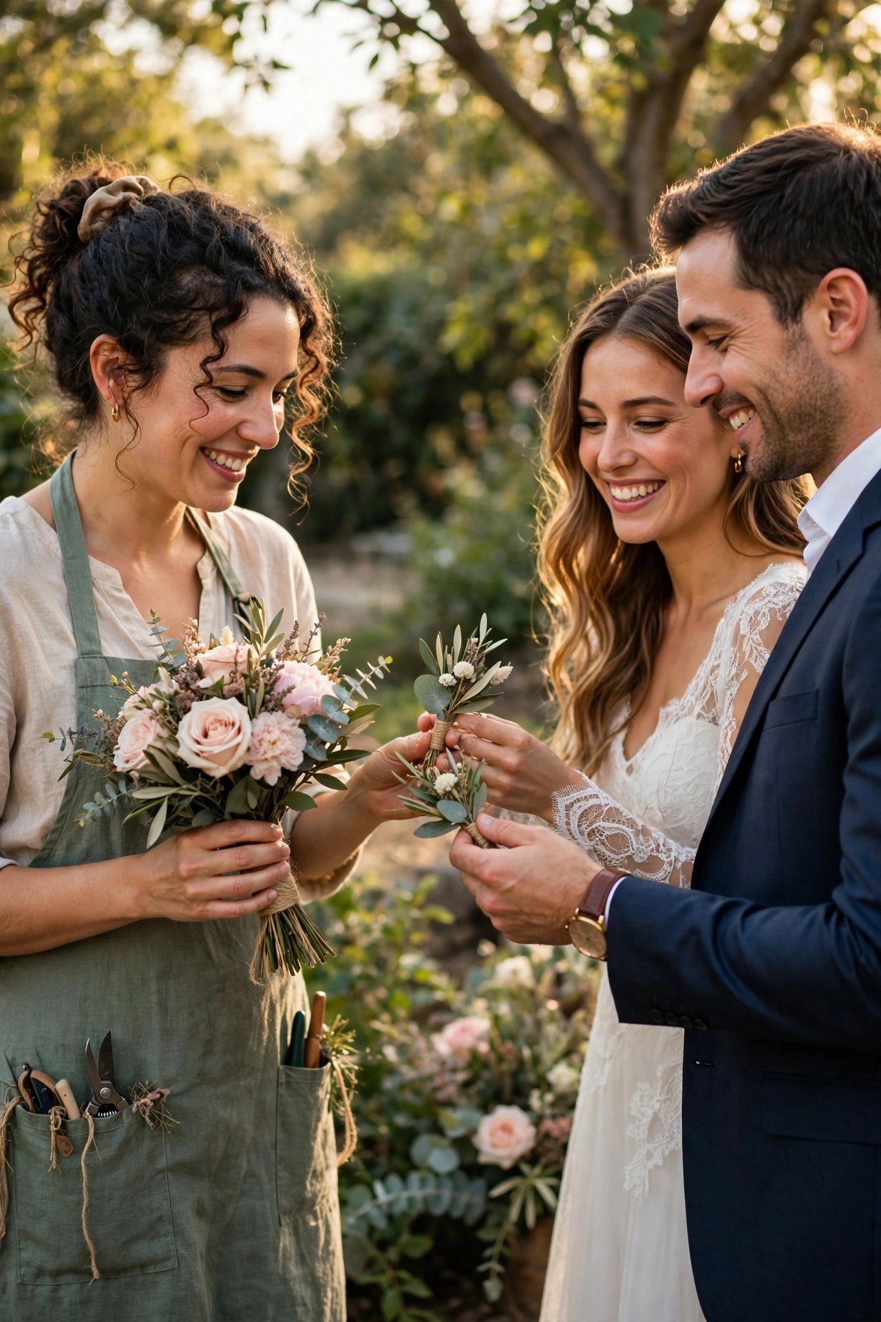 Florist handing a compact bouquet and boutonniere to a smiling couple