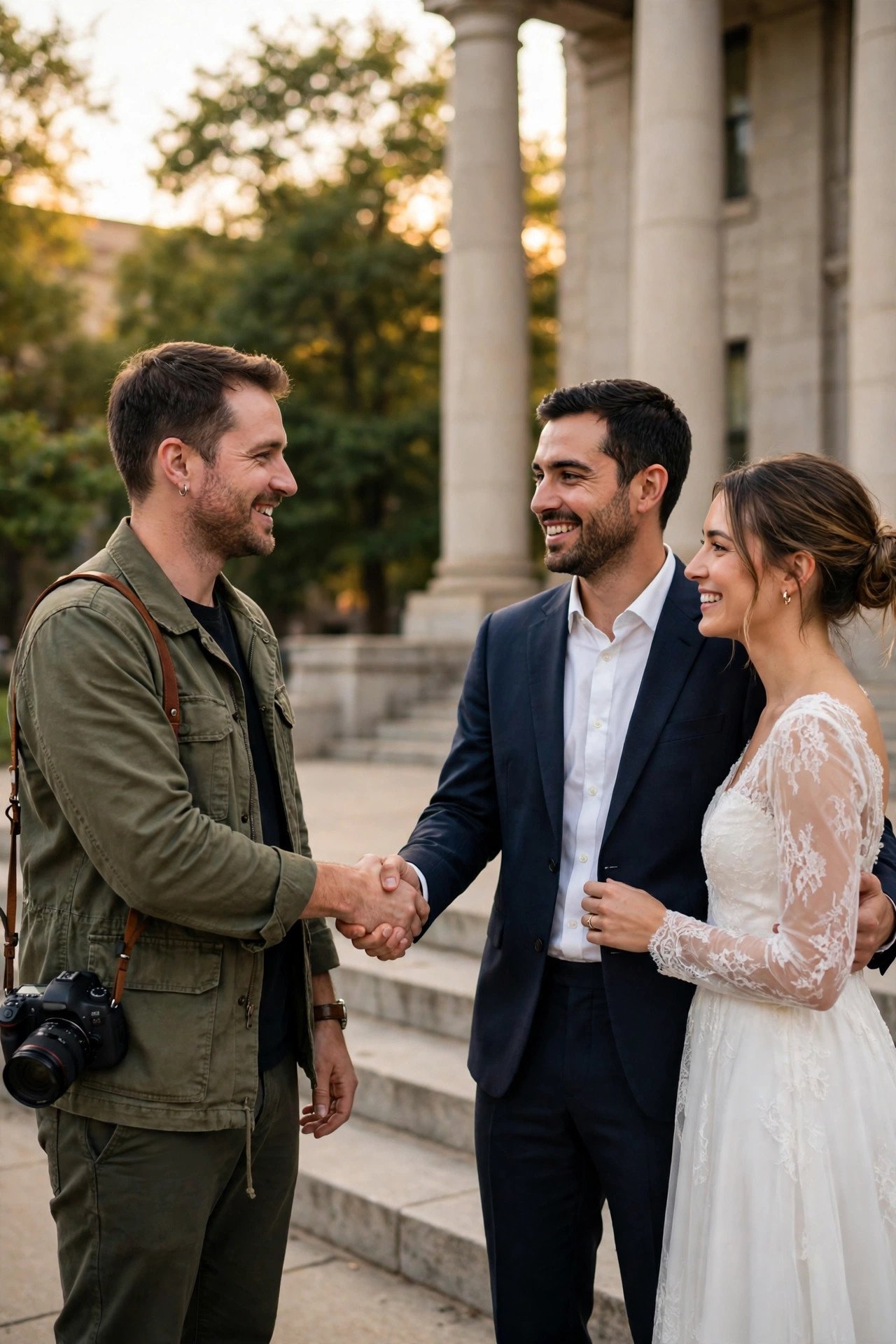 Photographer shaking hands with a couple outside a courthouse