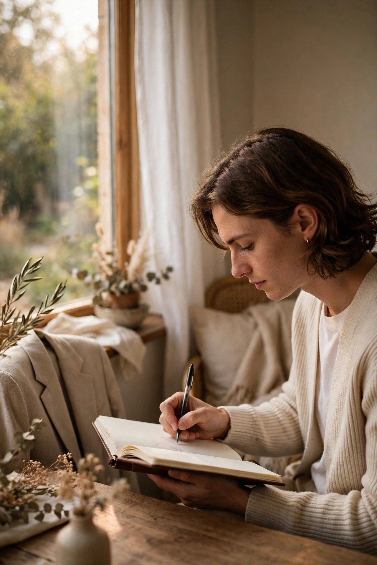 Partner writing vows in a notebook by a window the week before the wedding
