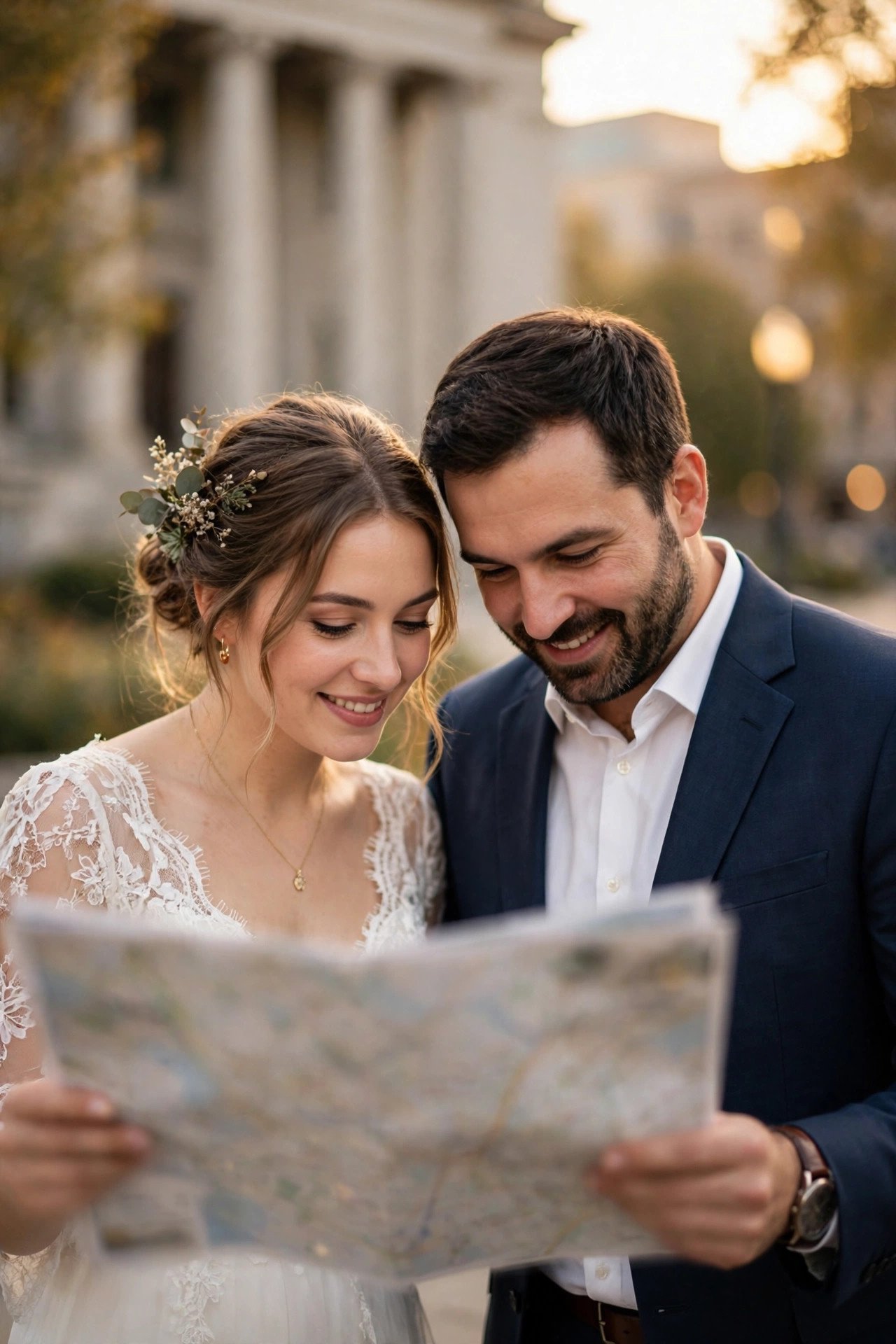 Couple checking a city map for parking near their courthouse