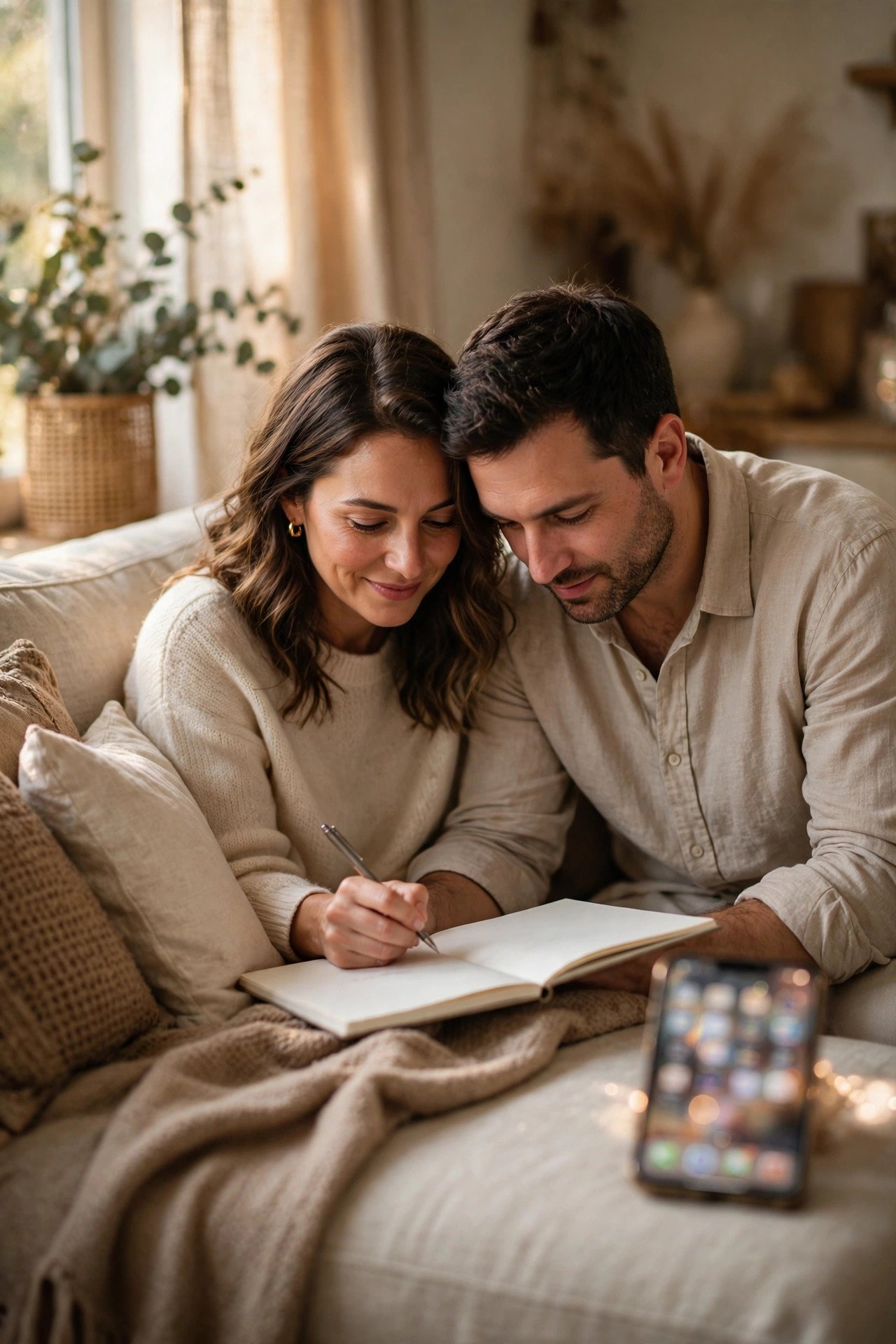 Couple drafting their wedding announcement message together on a sofa