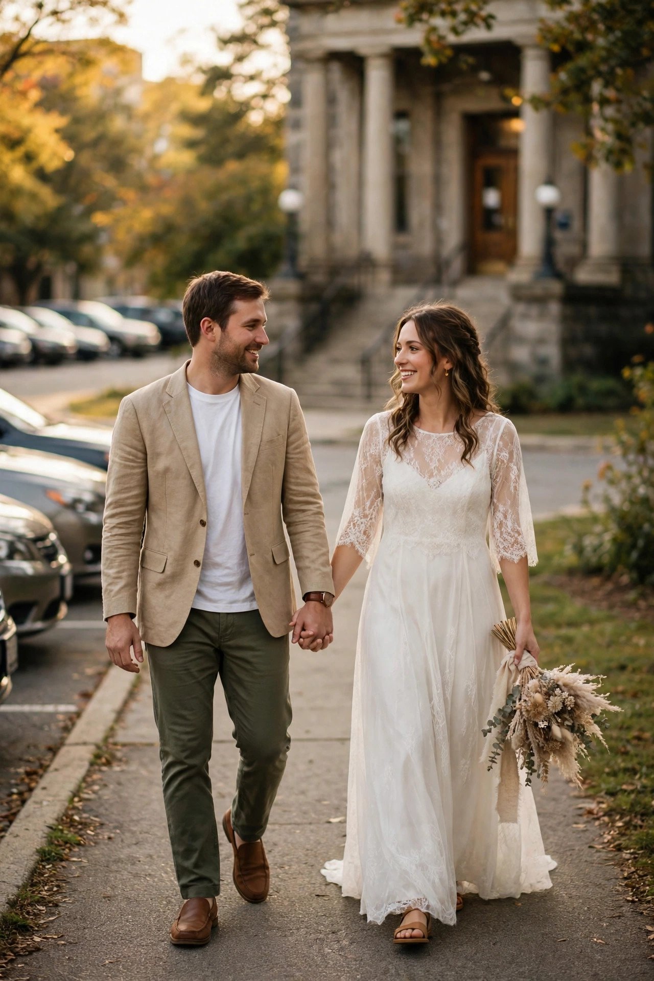 Couple walking the route from parking to courthouse entrance the day before