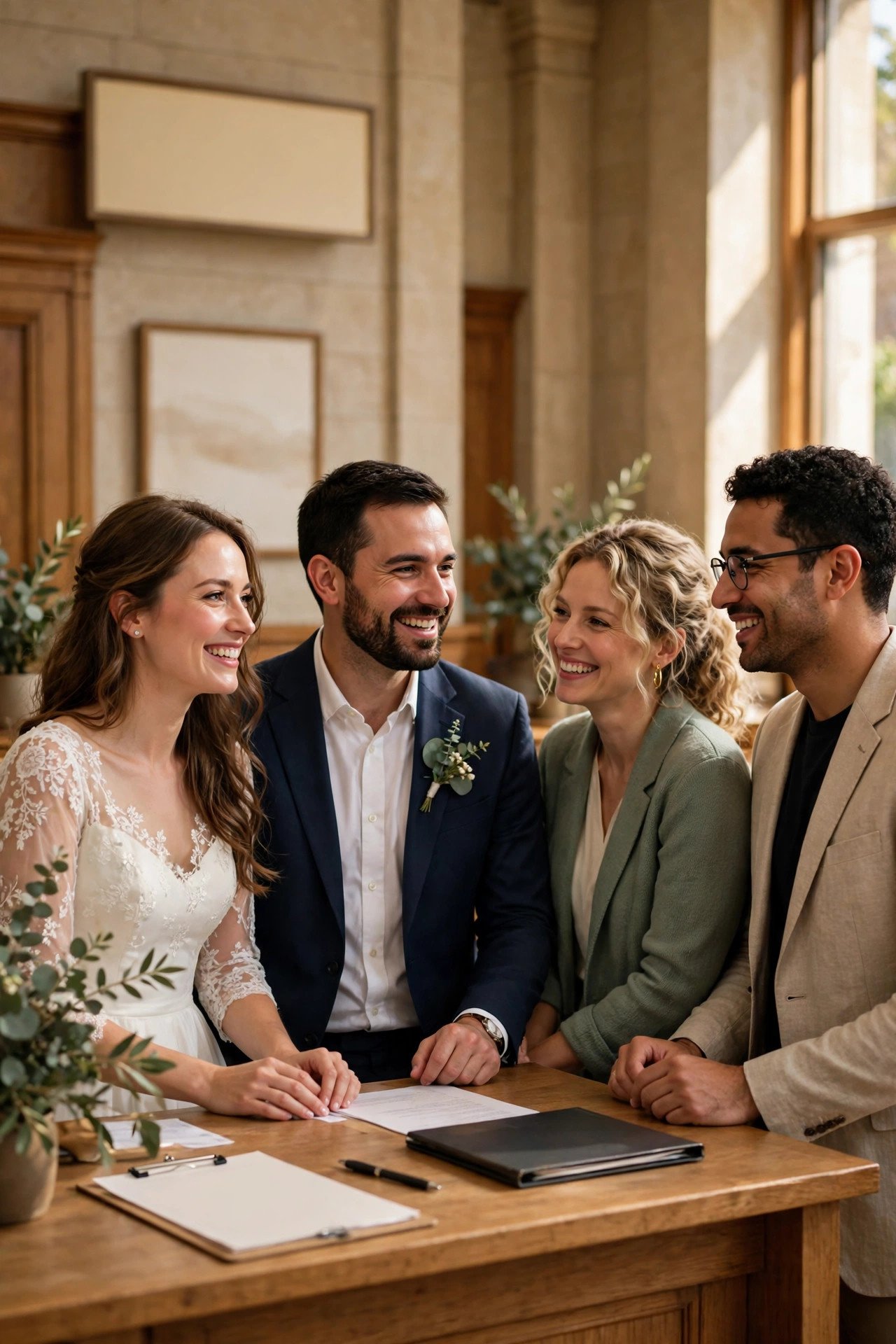 Couple checking in at a courthouse desk smiling with their witnesses