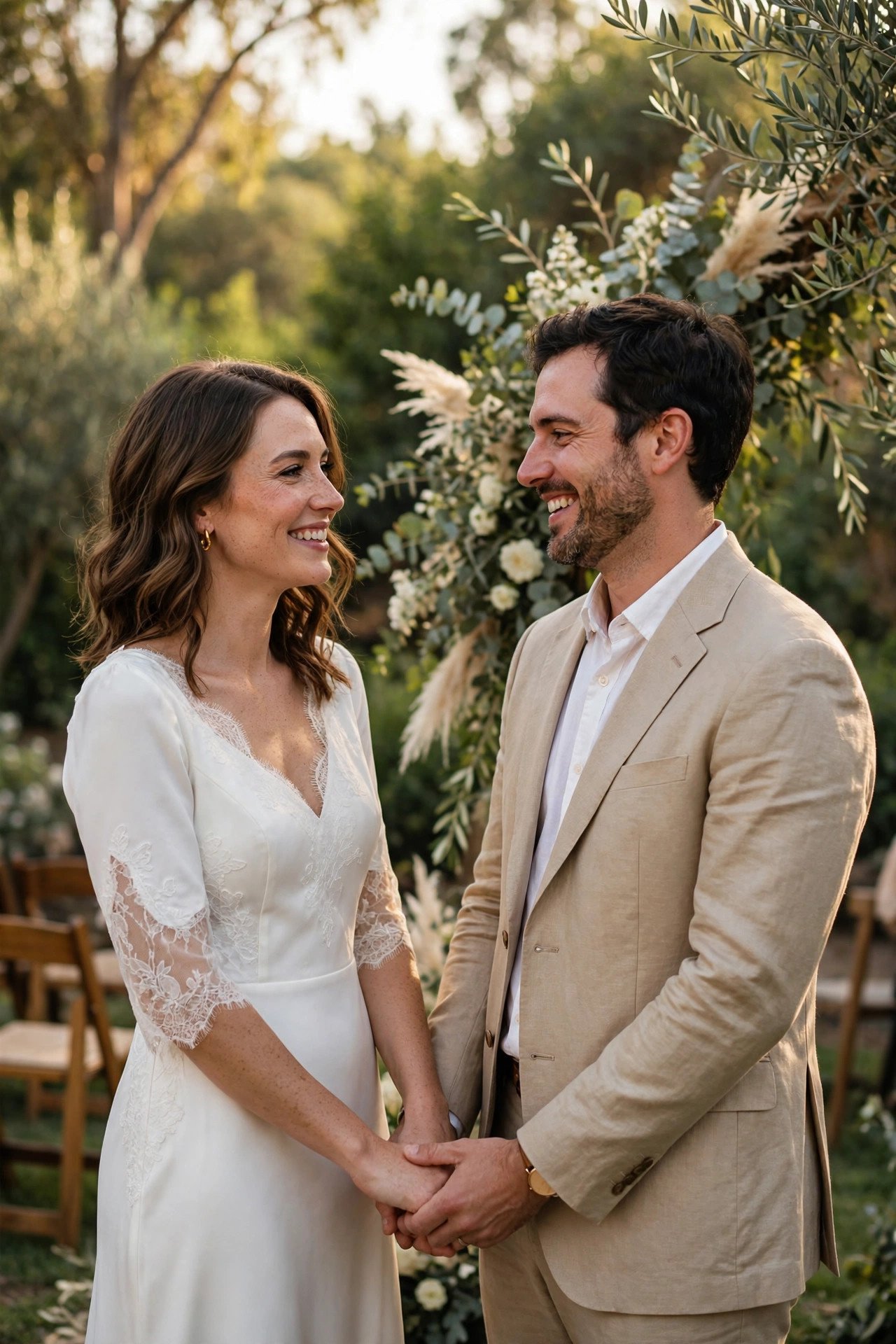 Couple holding hands and smiling during their civil ceremony