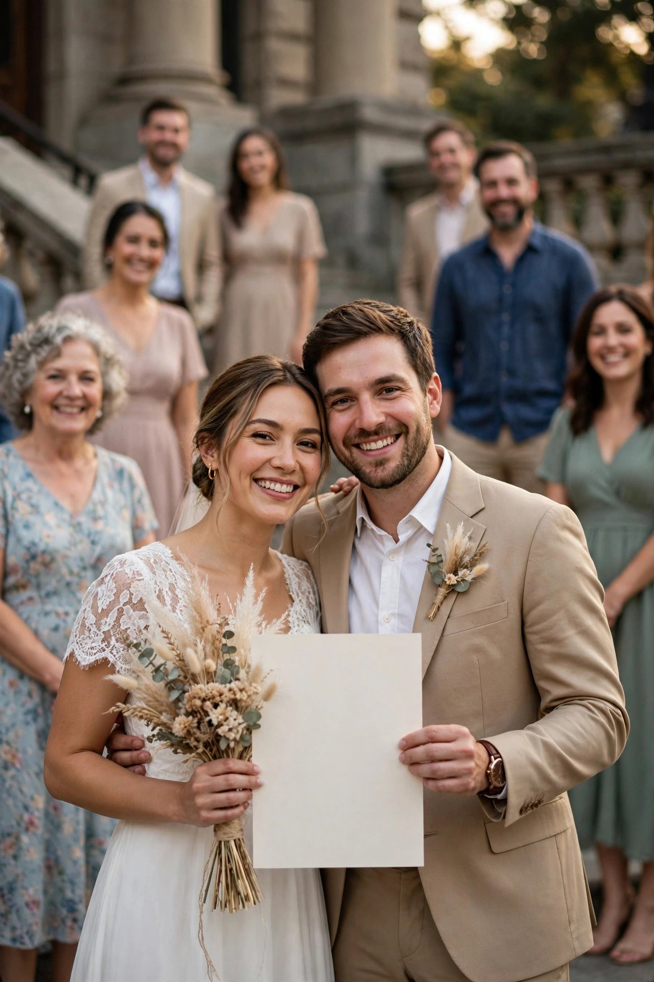 Newlyweds posing with their certificate on courthouse steps surrounded by guests
