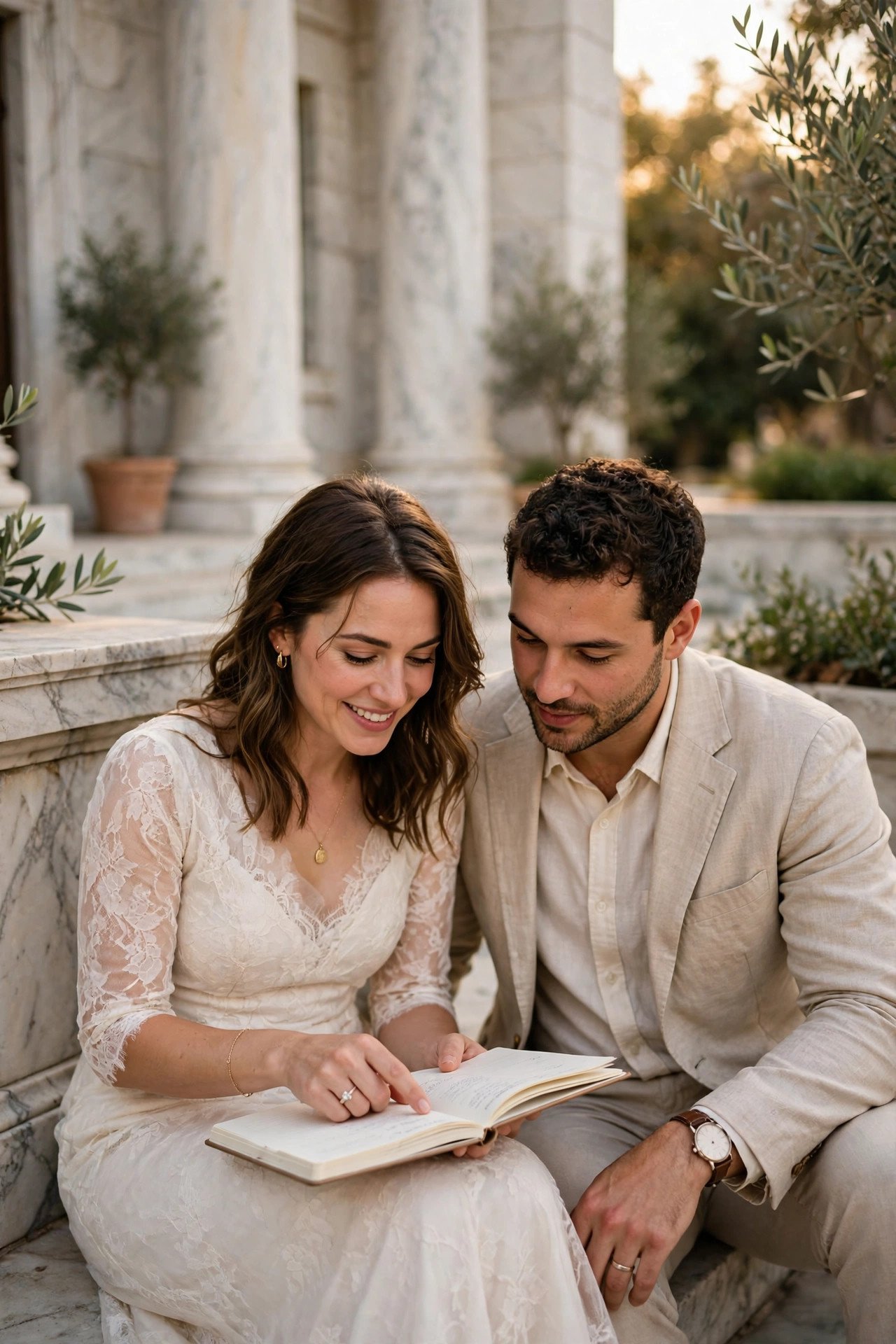 Couple planning their courthouse wedding day together outside a marble courthouse