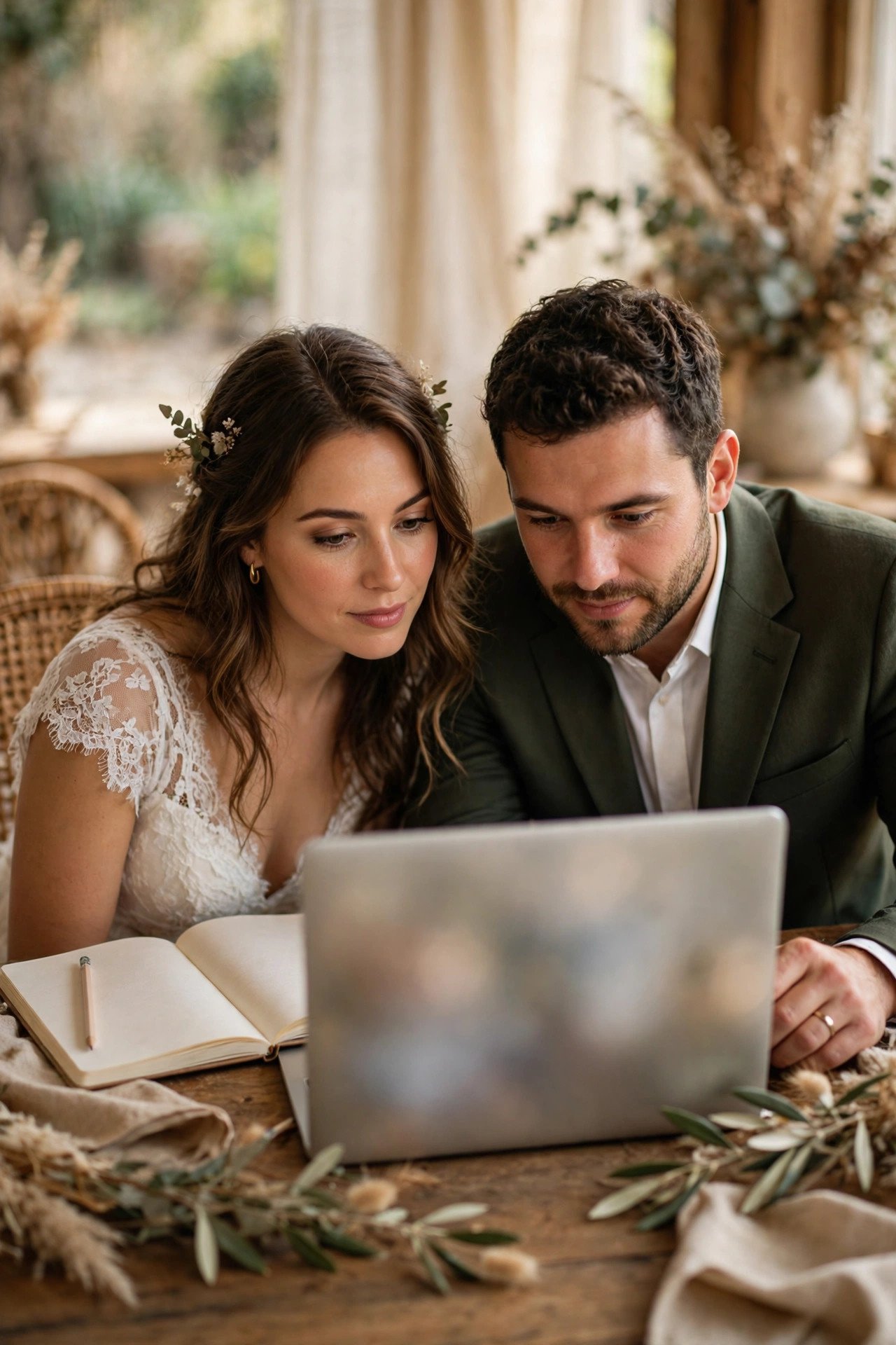 Couple reading their courthouse requirements on a laptop with a notebook open
