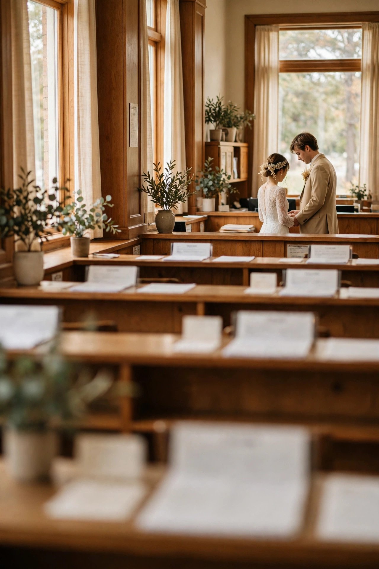 Couple signing marriage license application forms at a clerk's counter