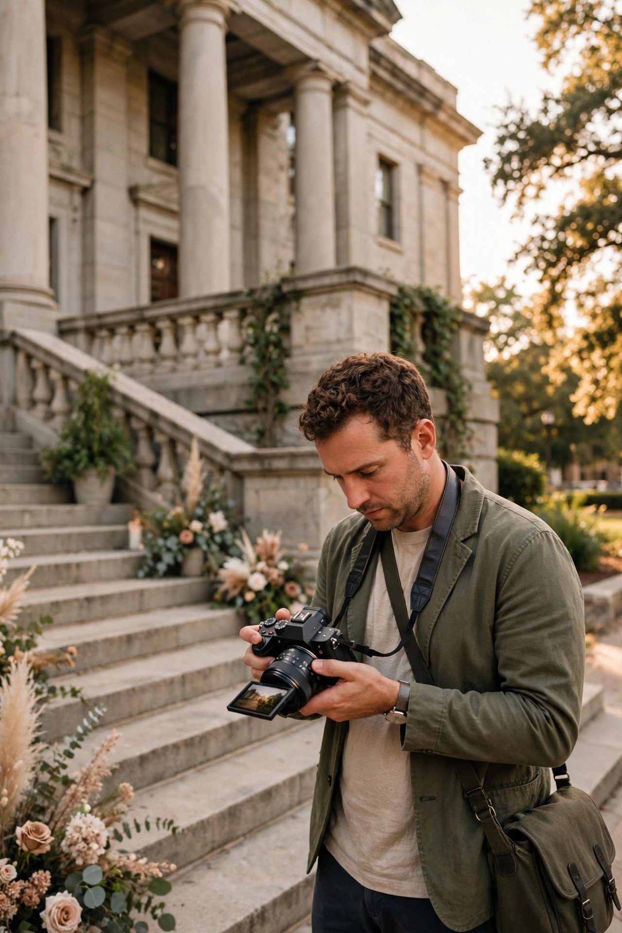 Photographer checking a shot list on camera outside a courthouse