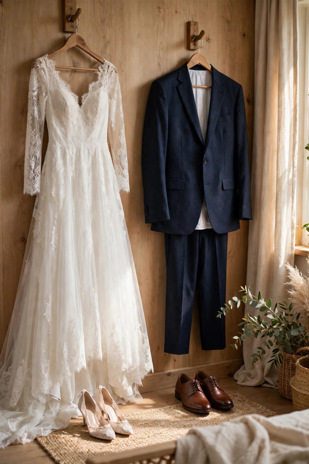Both wedding outfits hanging steamed and ready with shoes below