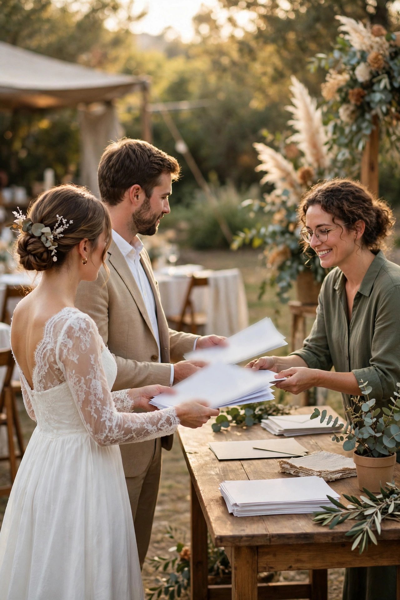 Couple handing documents to a friendly clerk at check-in