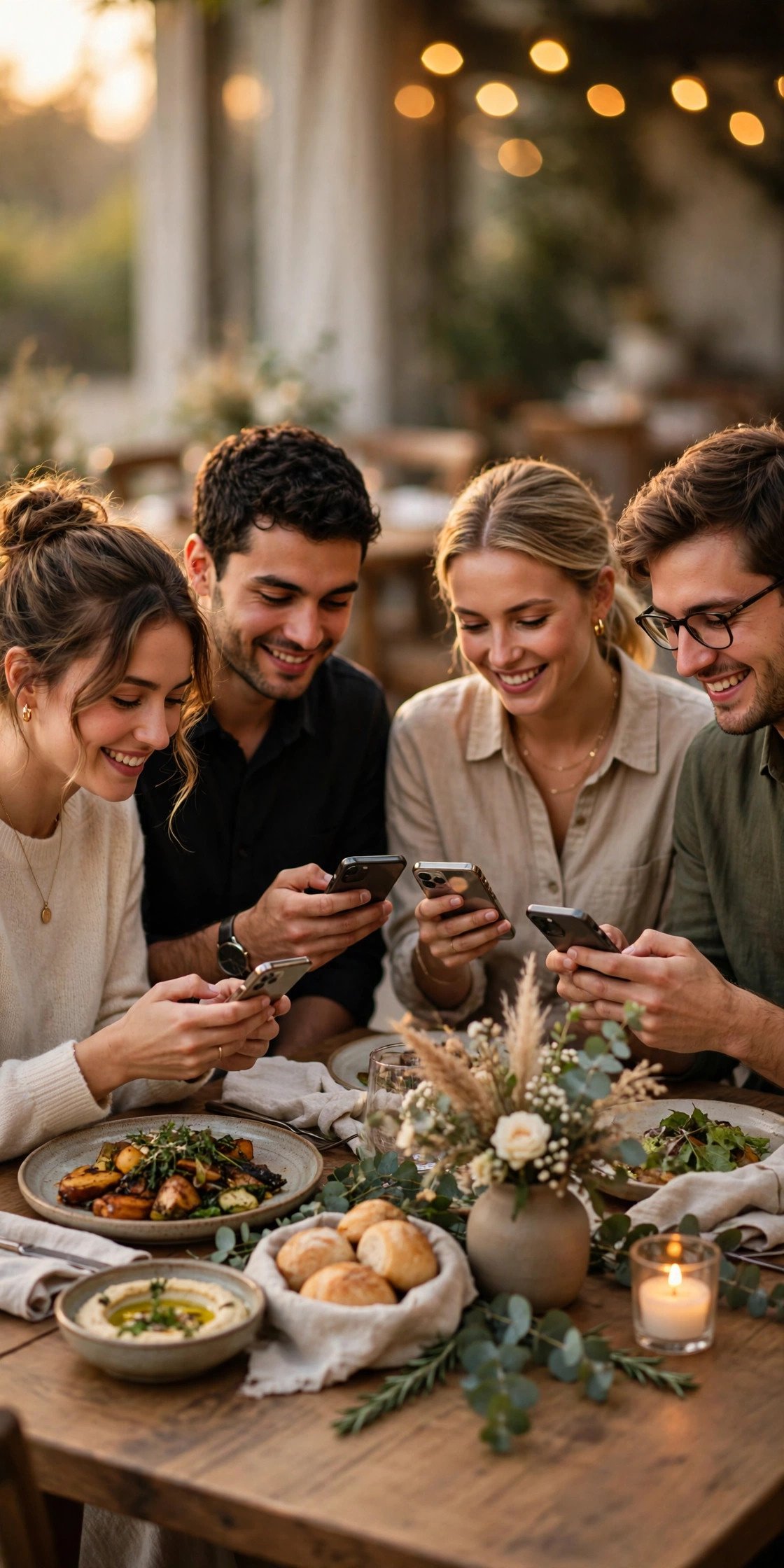 Friends adding photos to a shared album on their phones at dinner