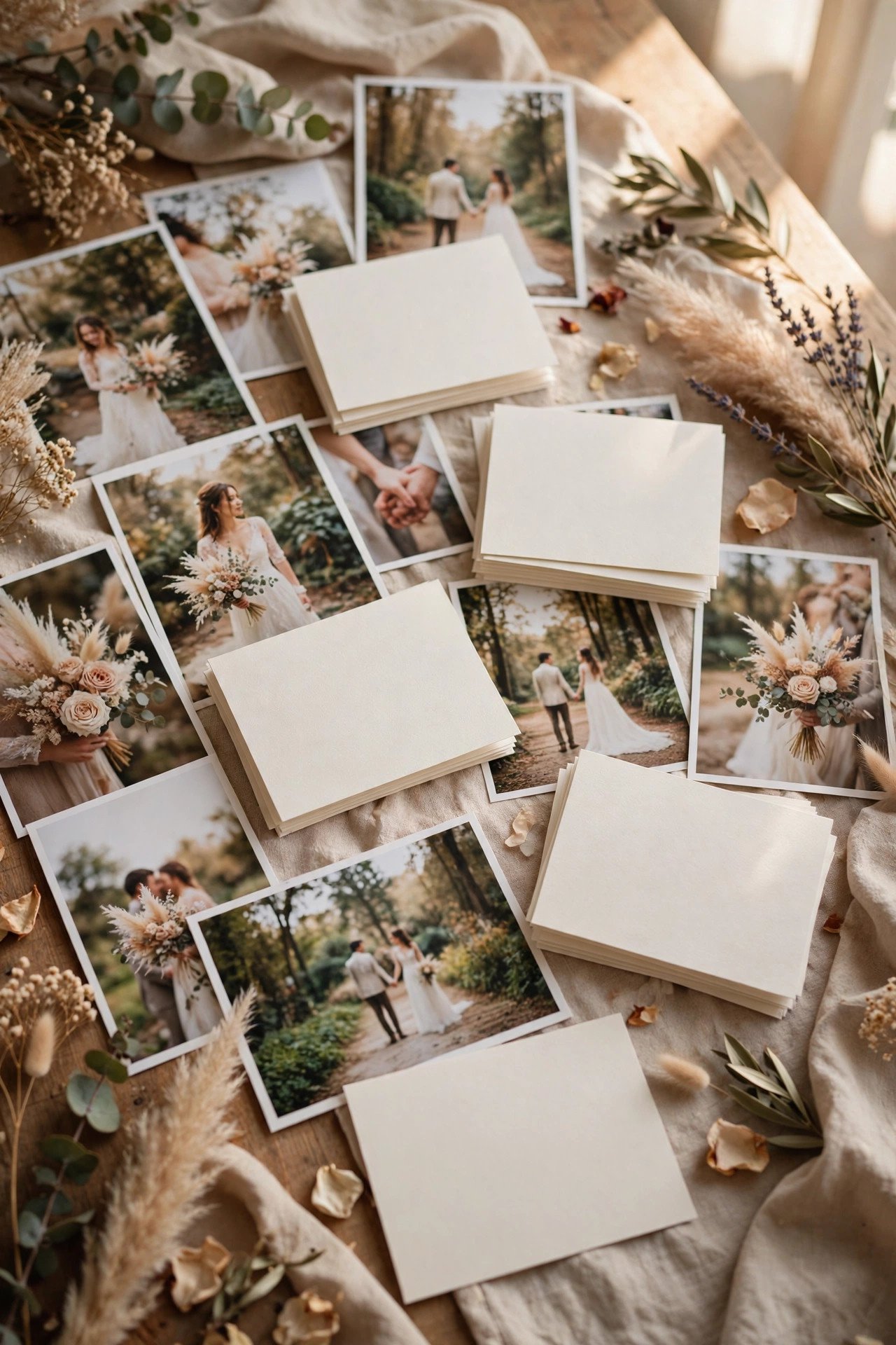Thank-you cards and printed wedding photos spread on a table