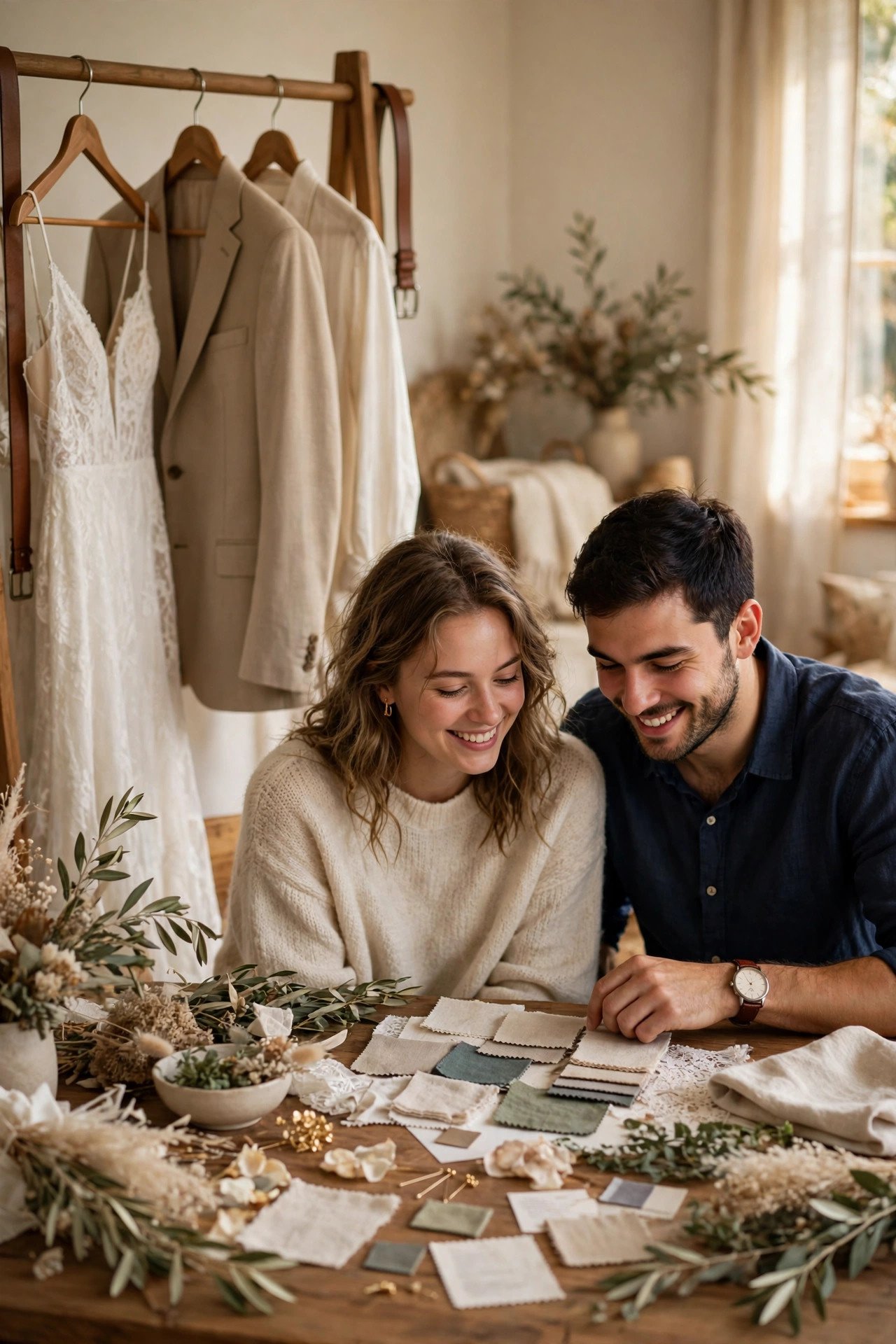 Couple ticking off a wedding checklist together with their outfits hanging nearby