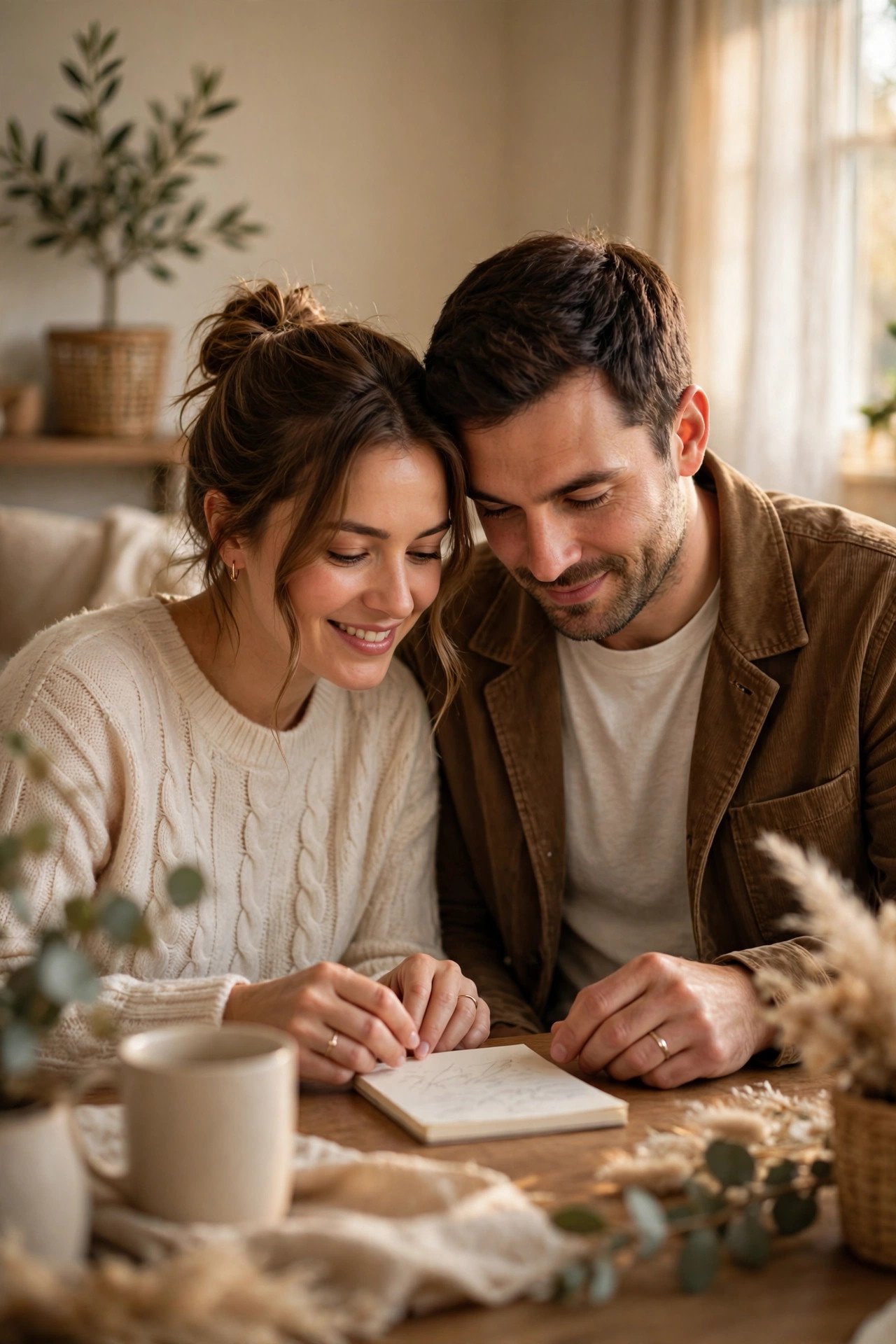 Couple writing names on a short list of ceremony guests at home