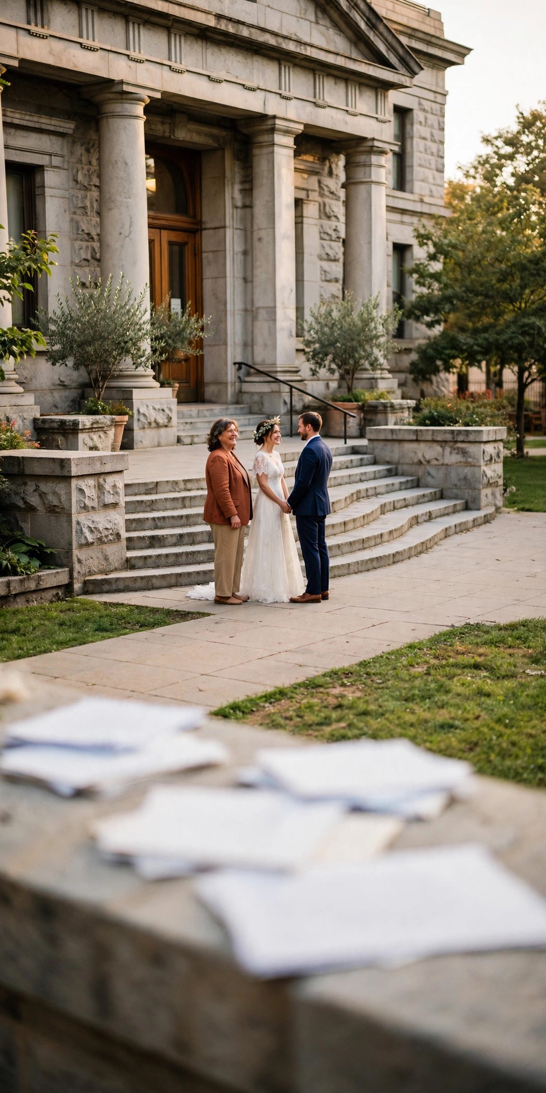 Witness proudly signing the marriage register beside the couple