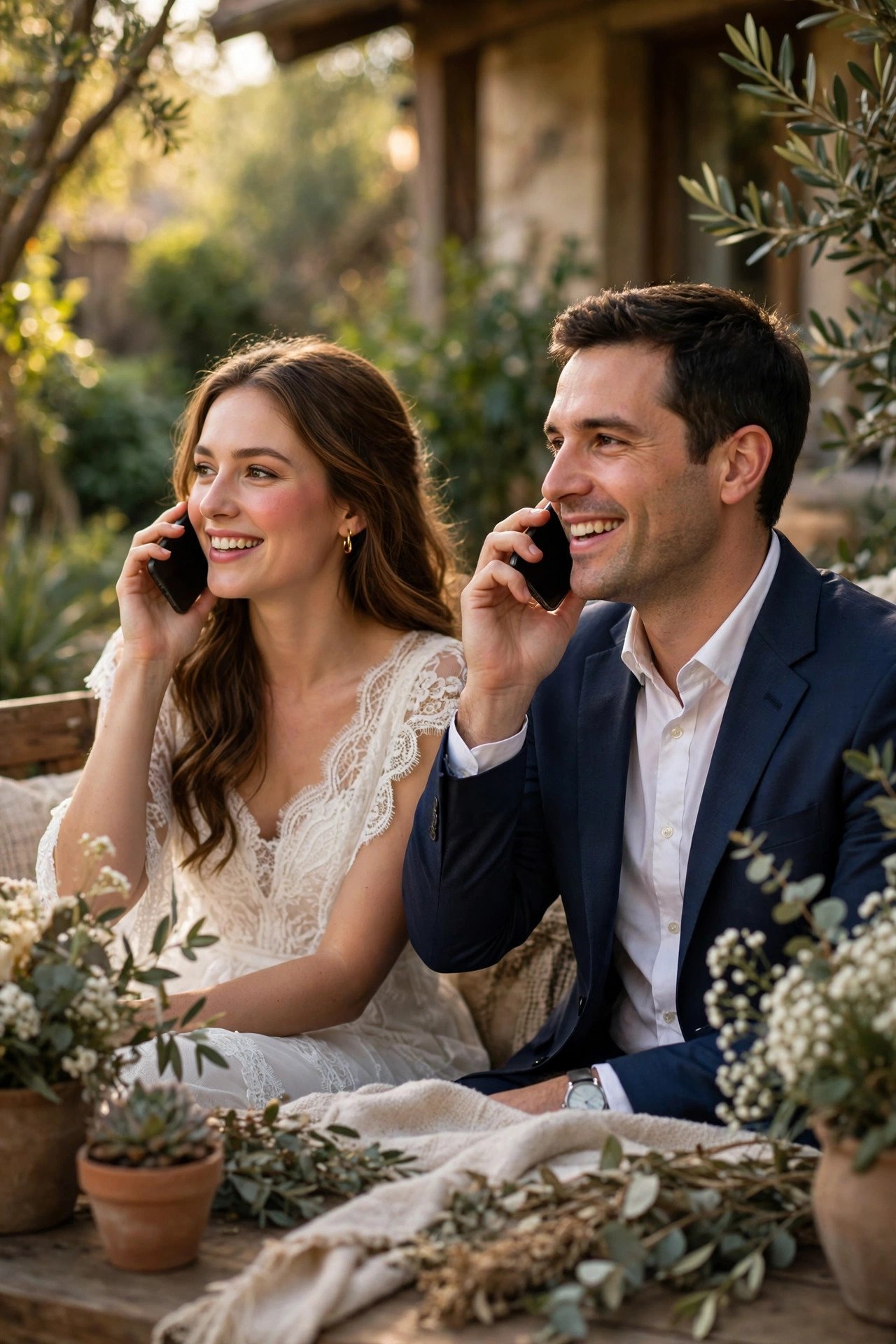 Couple making friendly phone calls to share their wedding plans