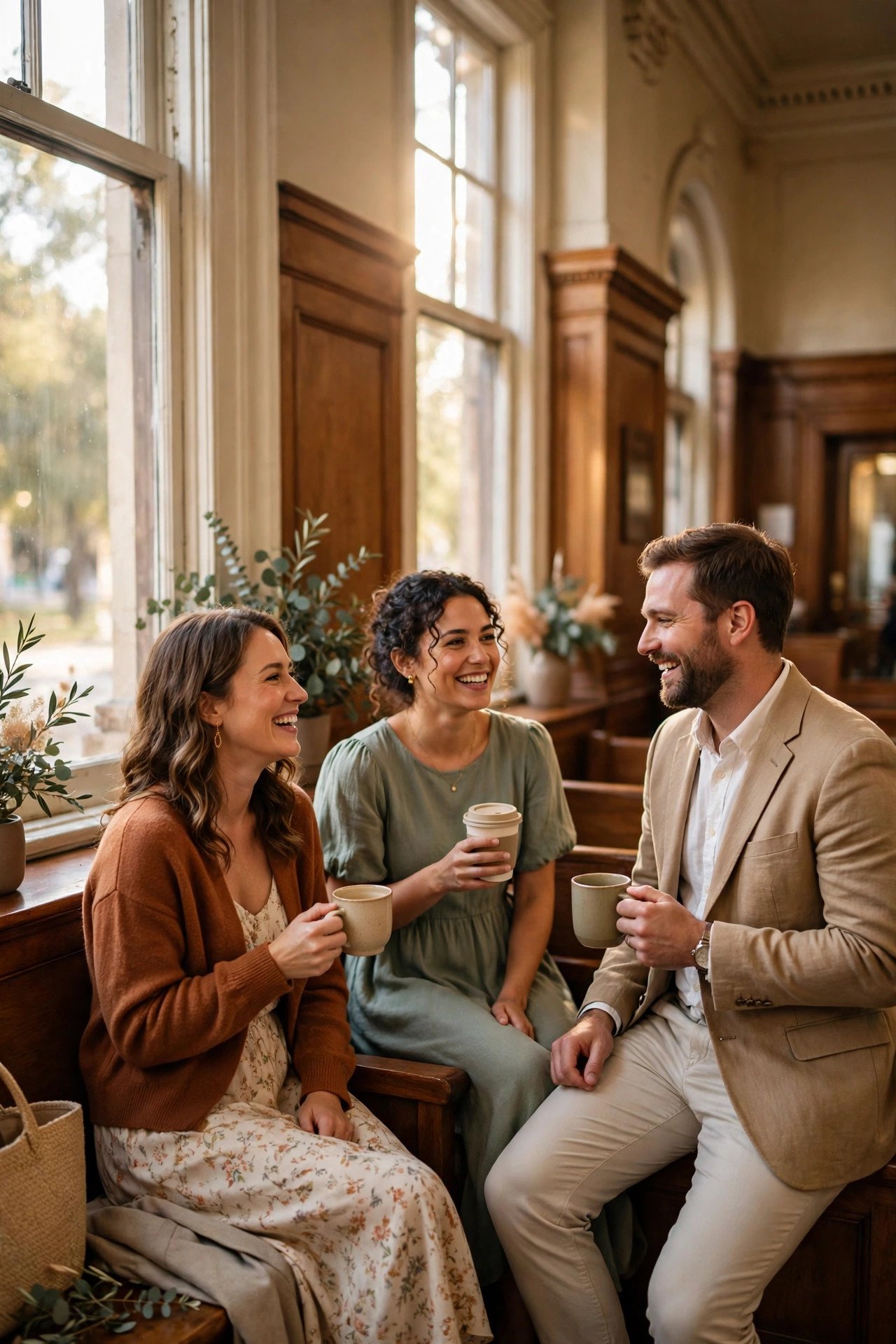 Guests chatting happily in a courthouse waiting area with coffee cups