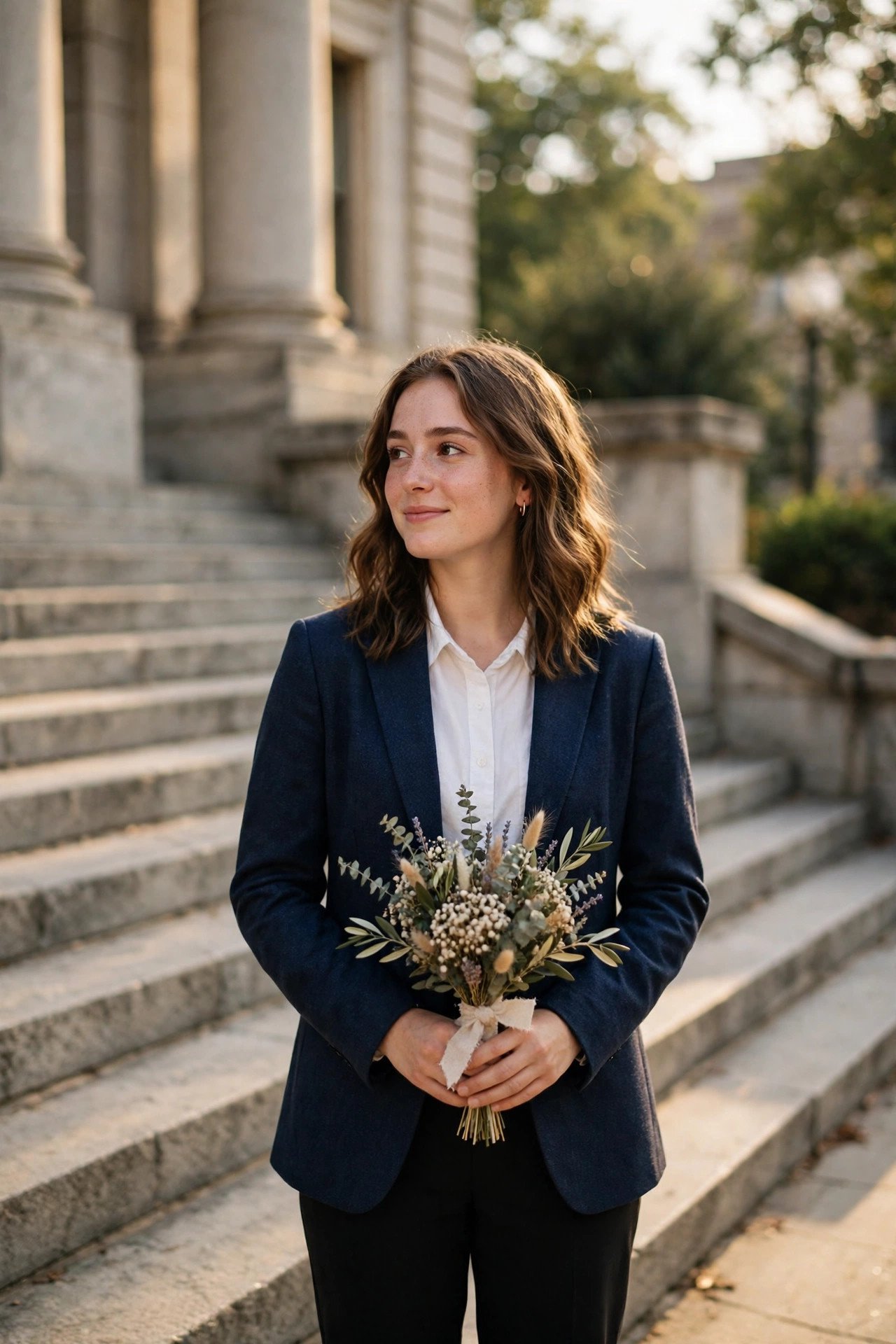 Young guest in a smart outfit holding a small bouquet on courthouse steps