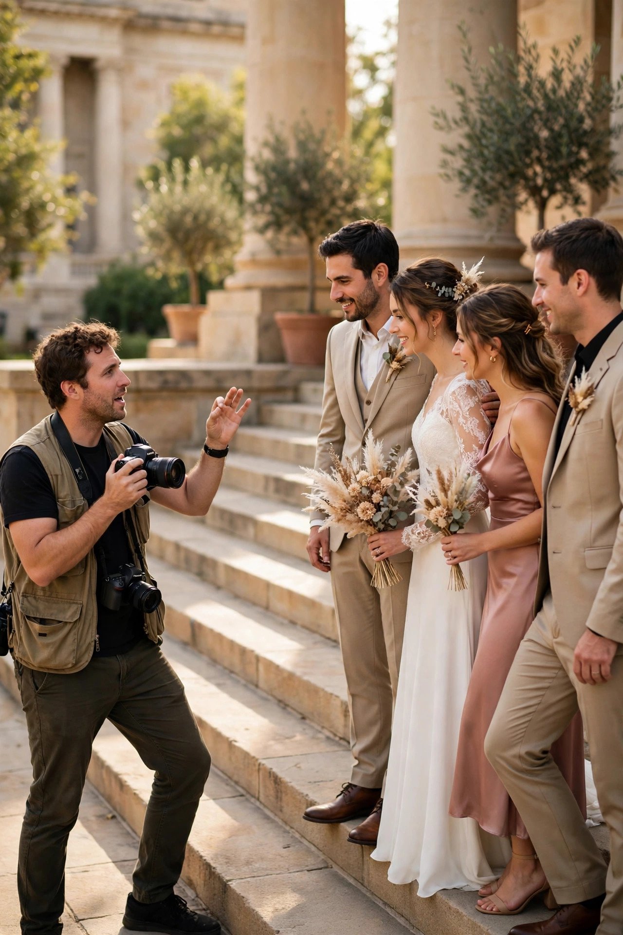 Photographer arranging wedding group photos quickly on courthouse steps