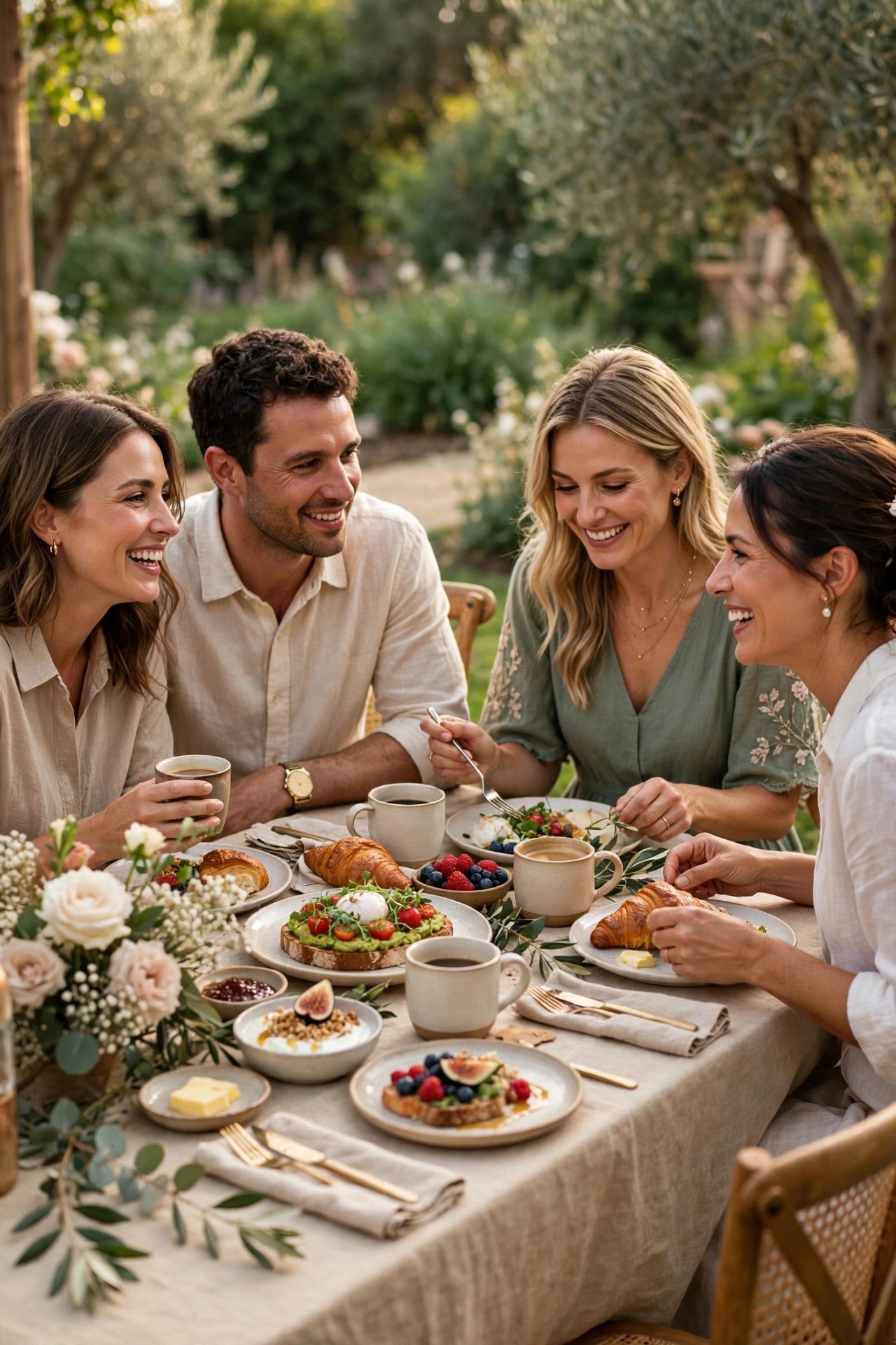 Guests enjoying brunch dishes and coffee at a celebration table
