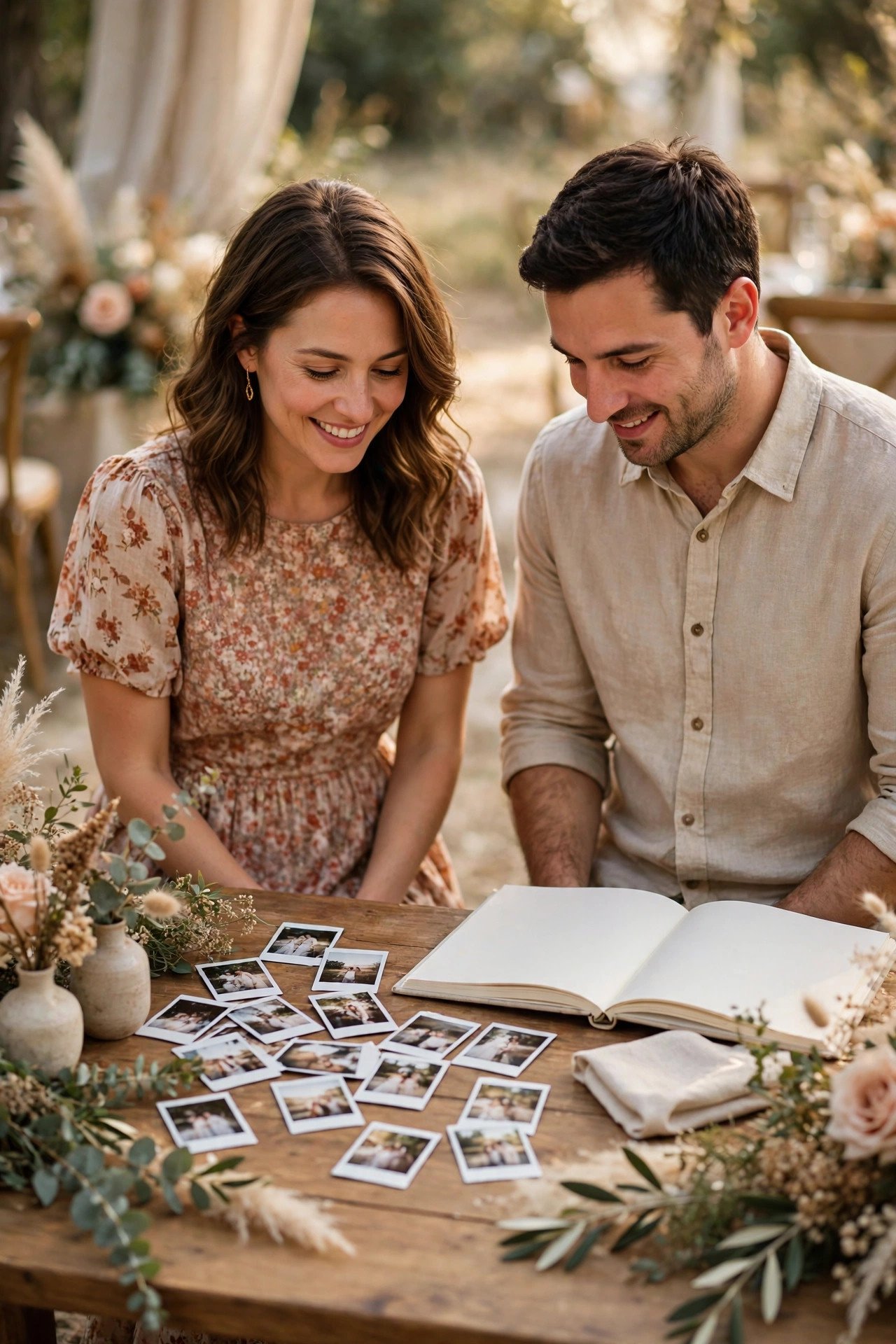 Guests writing messages in a wedding guest book beside instant photos