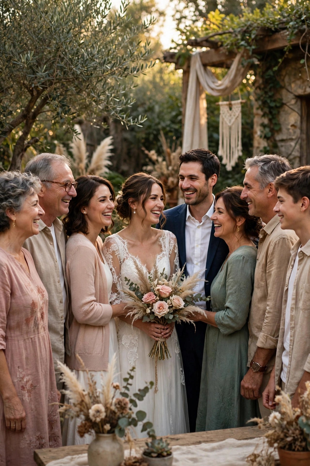 Two families mingling warmly at a small wedding celebration