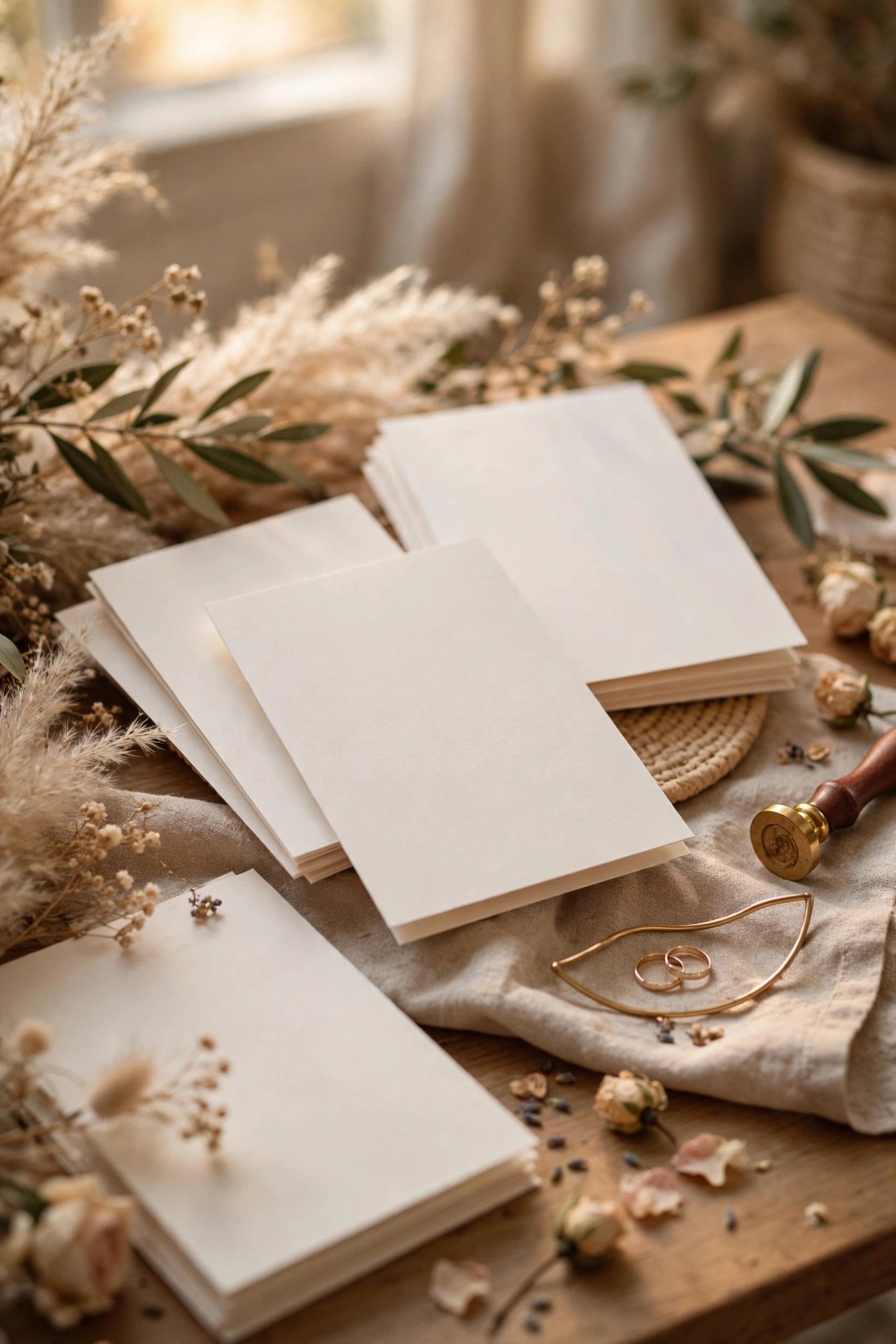 Invitation cards for a later wedding celebration party on a desk