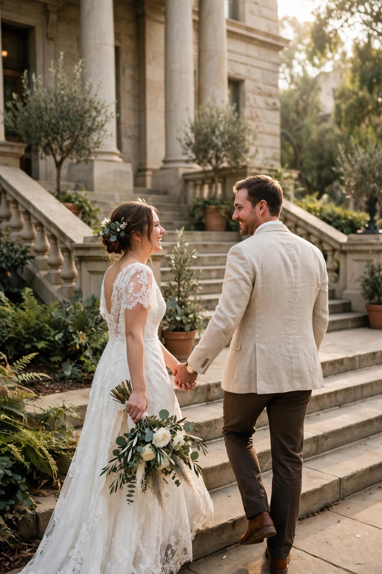 Couple walking hand in hand up courthouse steps on a calm, well-planned wedding morning