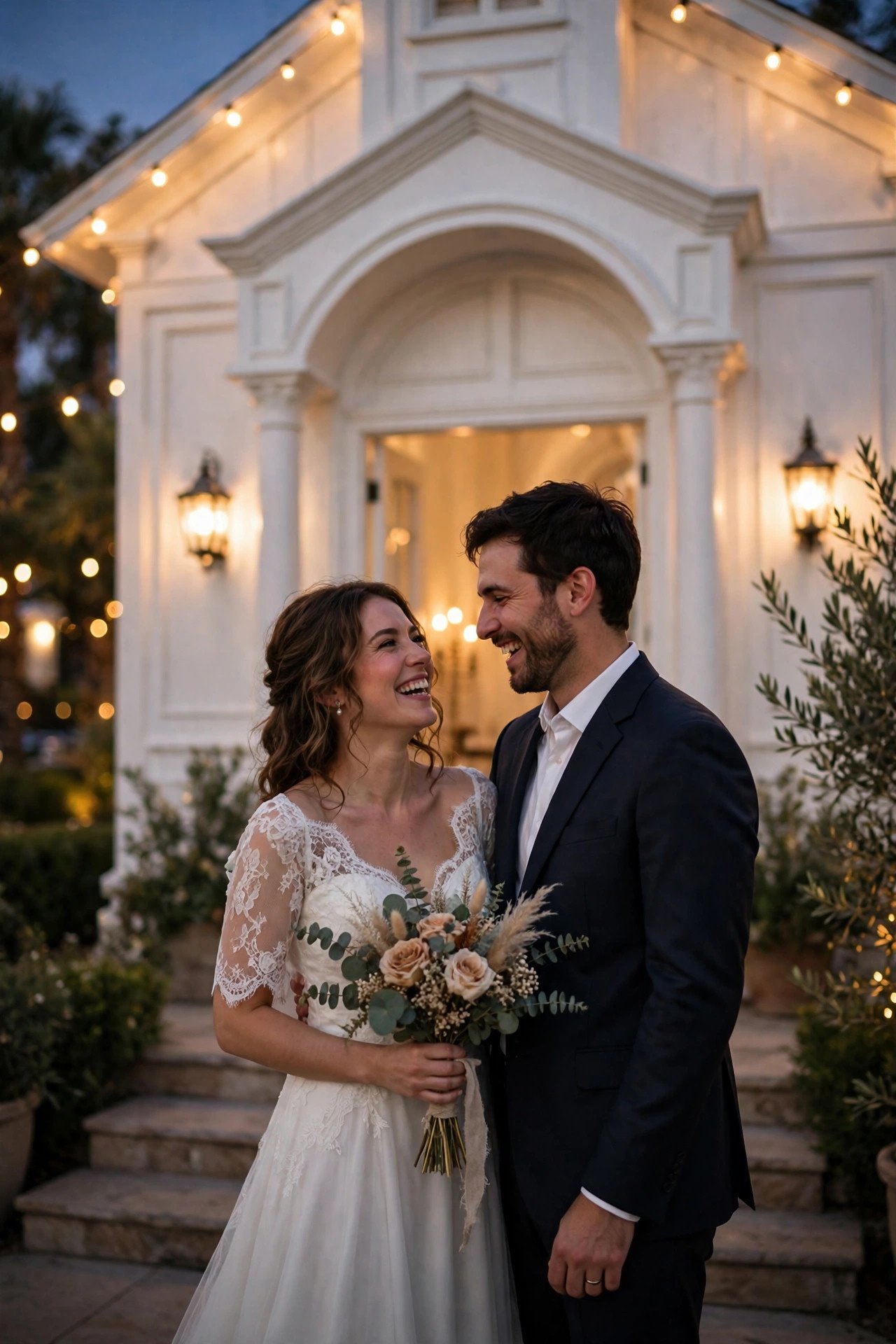 Couple celebrating outside a classic white Las Vegas wedding chapel with neon signs glowing at dusk