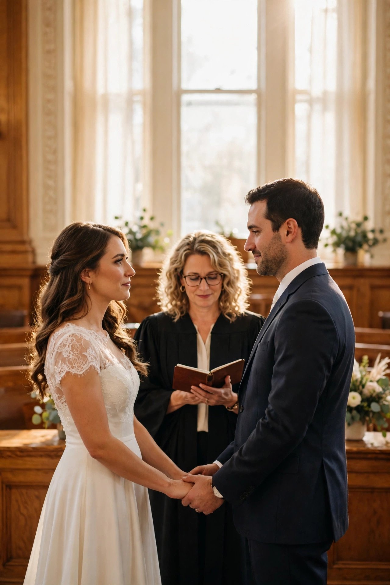 Couple exchanging vows in a bright courthouse ceremony room with an officiant