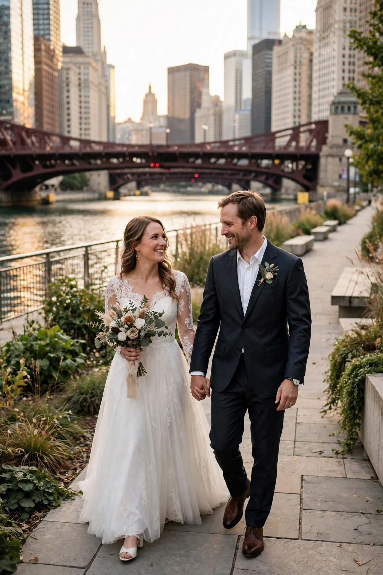 Couple in wedding attire walking along the Chicago Riverwalk with bridges behind them