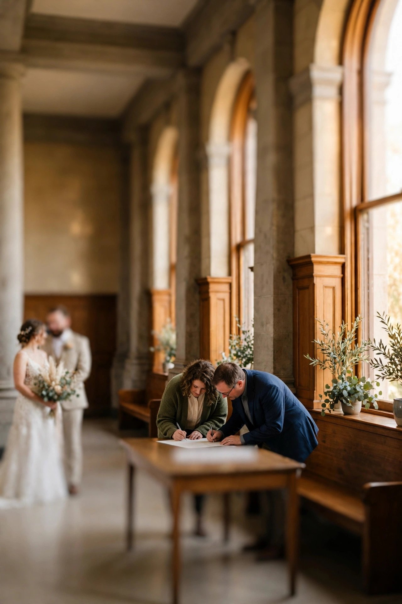 Witnesses signing a marriage certificate at a courthouse ceremony