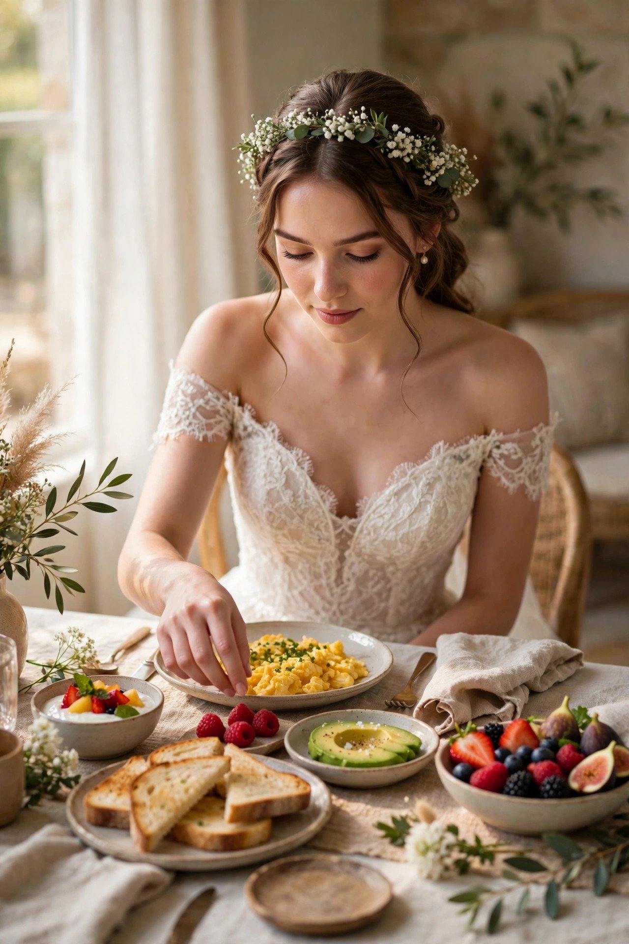 Bride choosing from a light wedding morning breakfast of fruit, eggs and toast