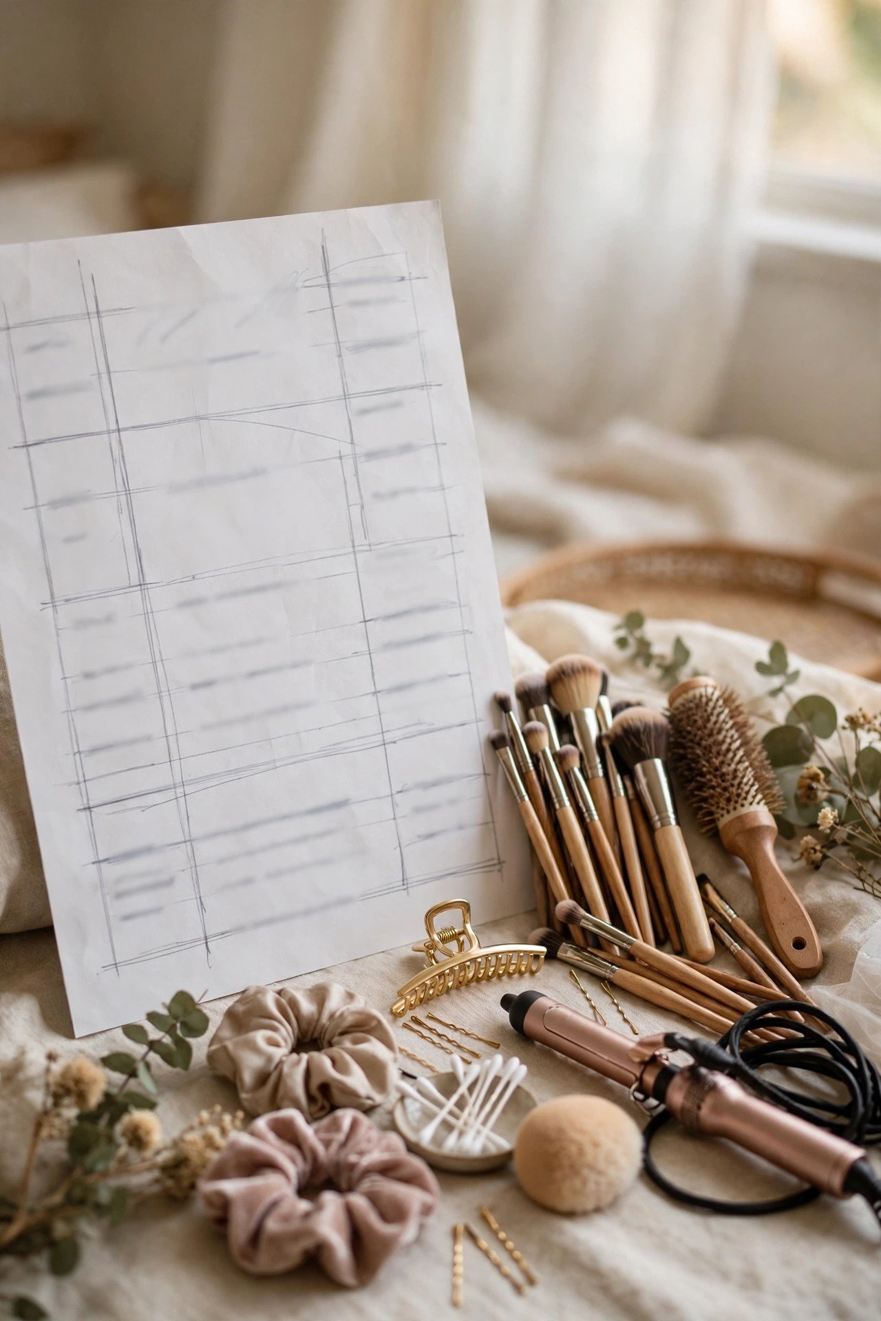 Hair and makeup schedule chart beside styling tools in a wedding suite