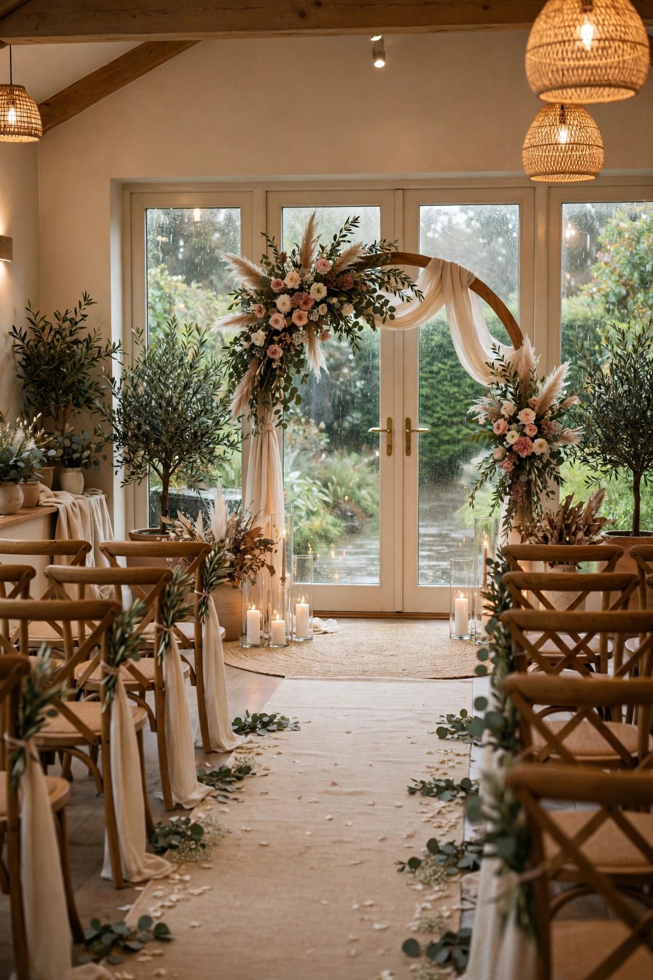 Elegant indoor ceremony space set as a rain backup beside garden doors