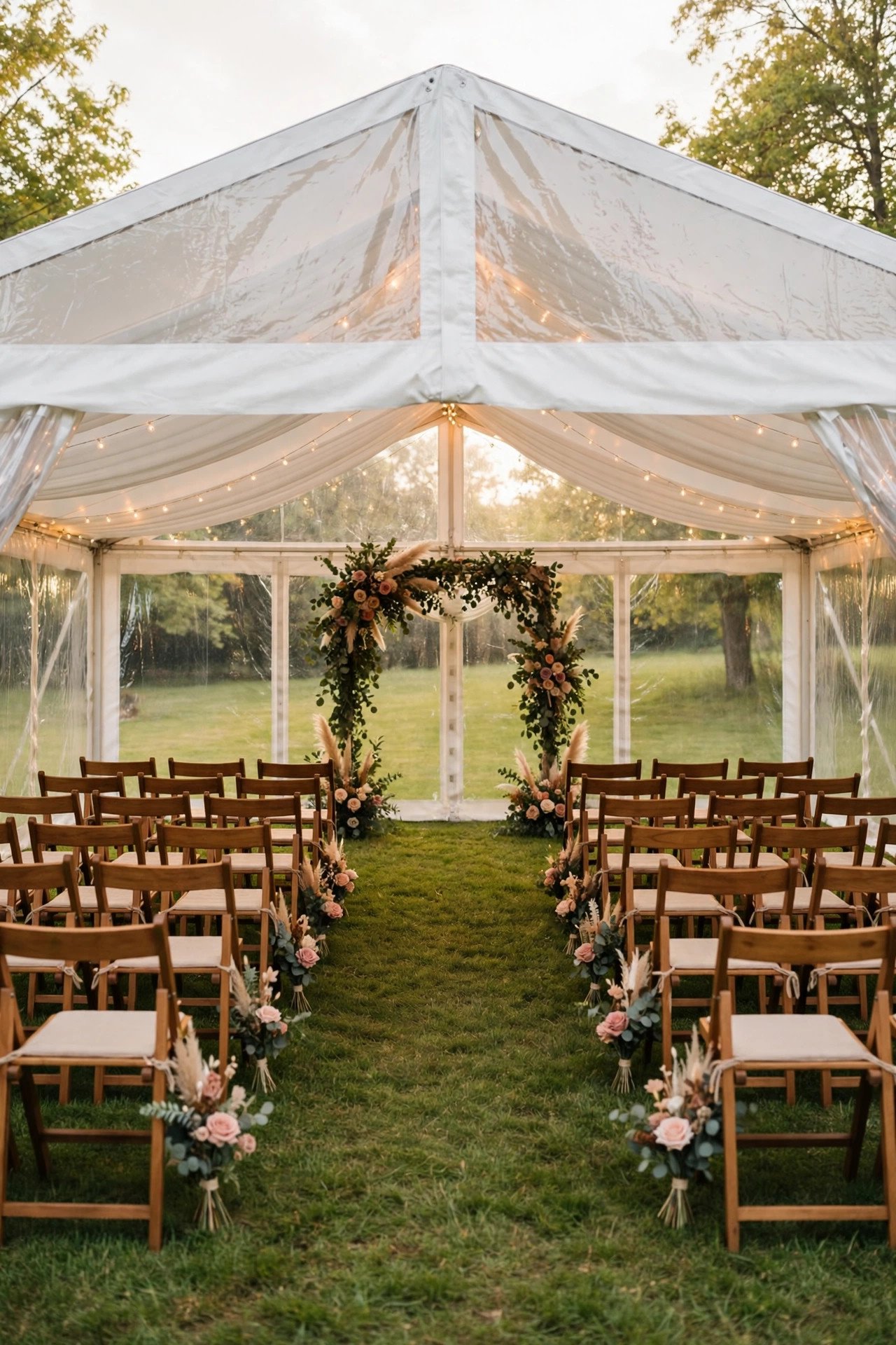 White wedding tent with clear sides set on a lawn as a weather backup