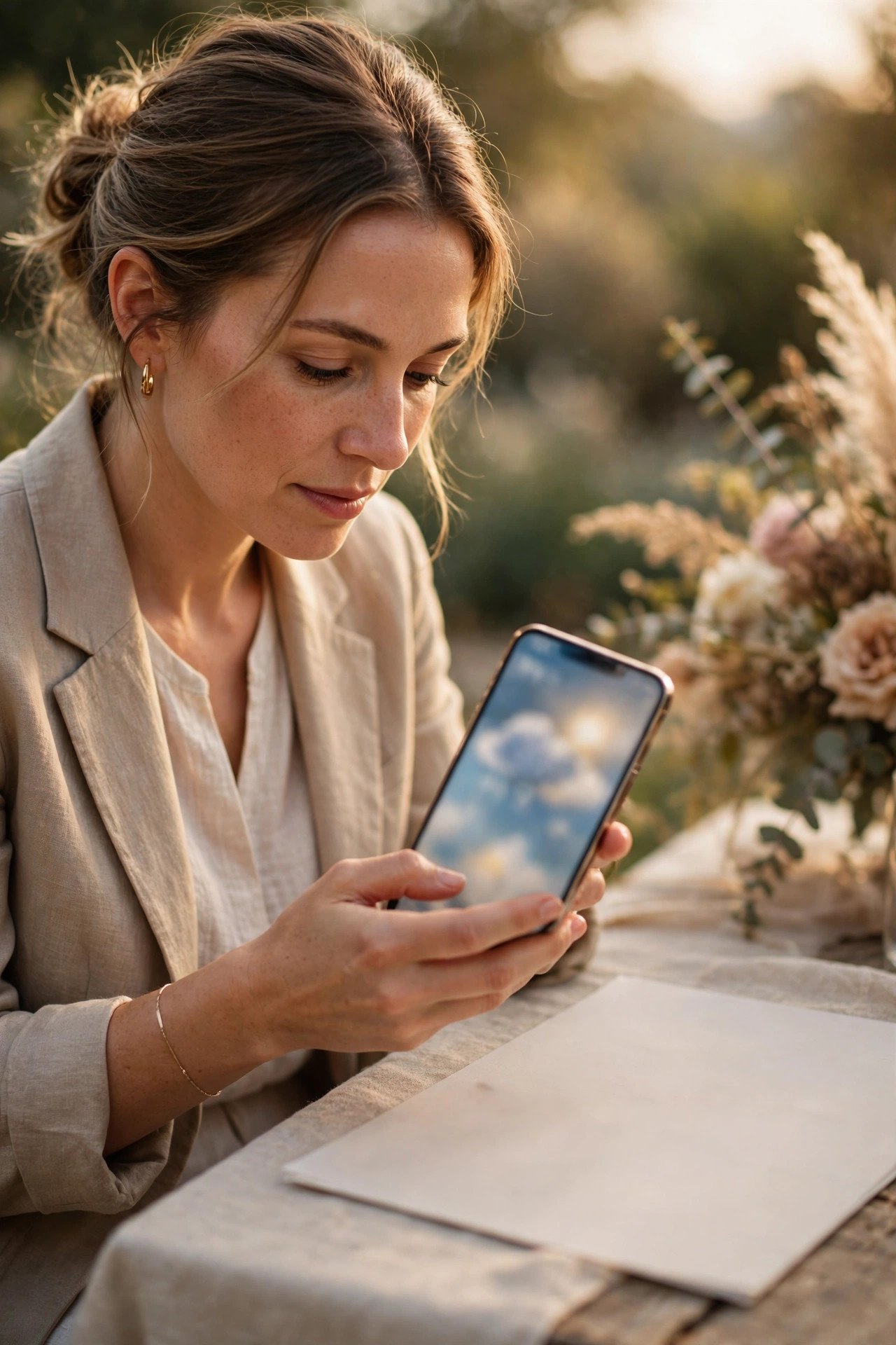 Wedding planner checking the forecast beside a printed timeline