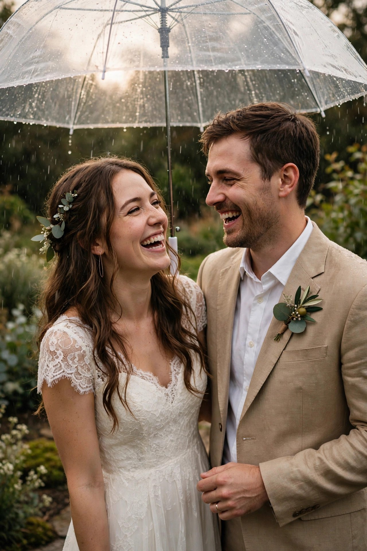 Couple under a clear umbrella laughing in light rain